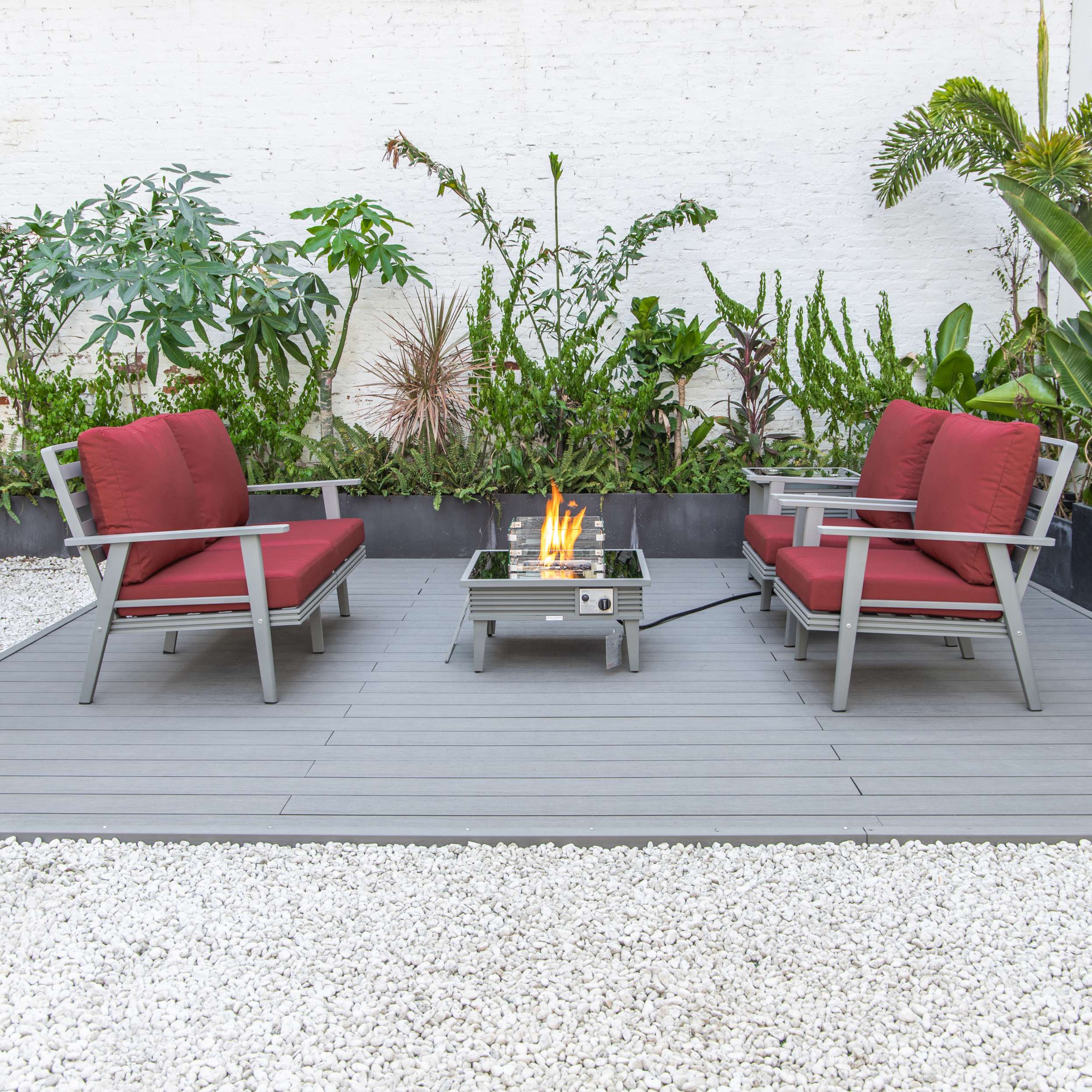 LeisureMod Walbrooke Modern Grey Patio Conversation With Square Fire Pit With Slats Design & Tank Holder - Image 76