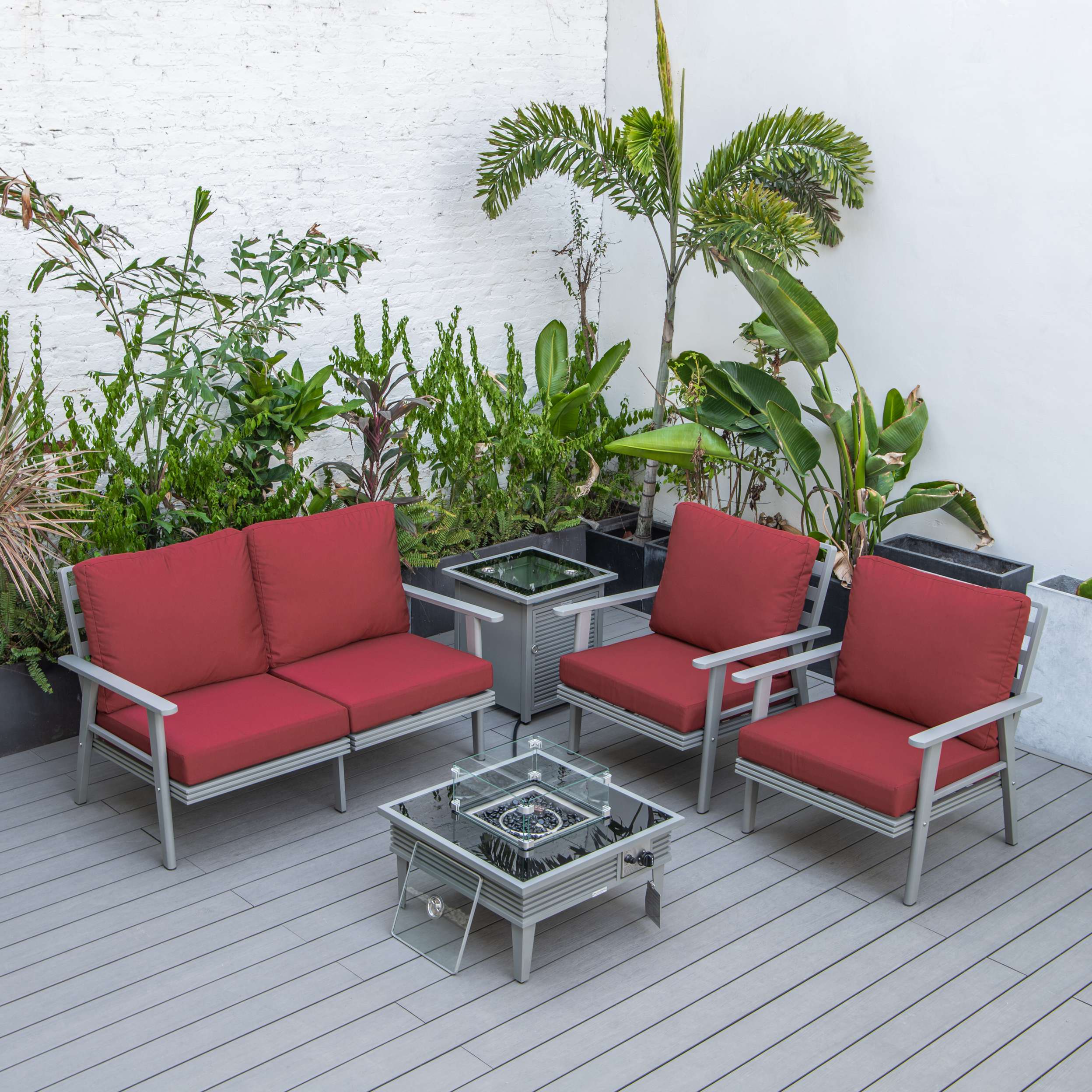 LeisureMod Walbrooke Modern Grey Patio Conversation With Square Fire Pit With Slats Design & Tank Holder - Image 77
