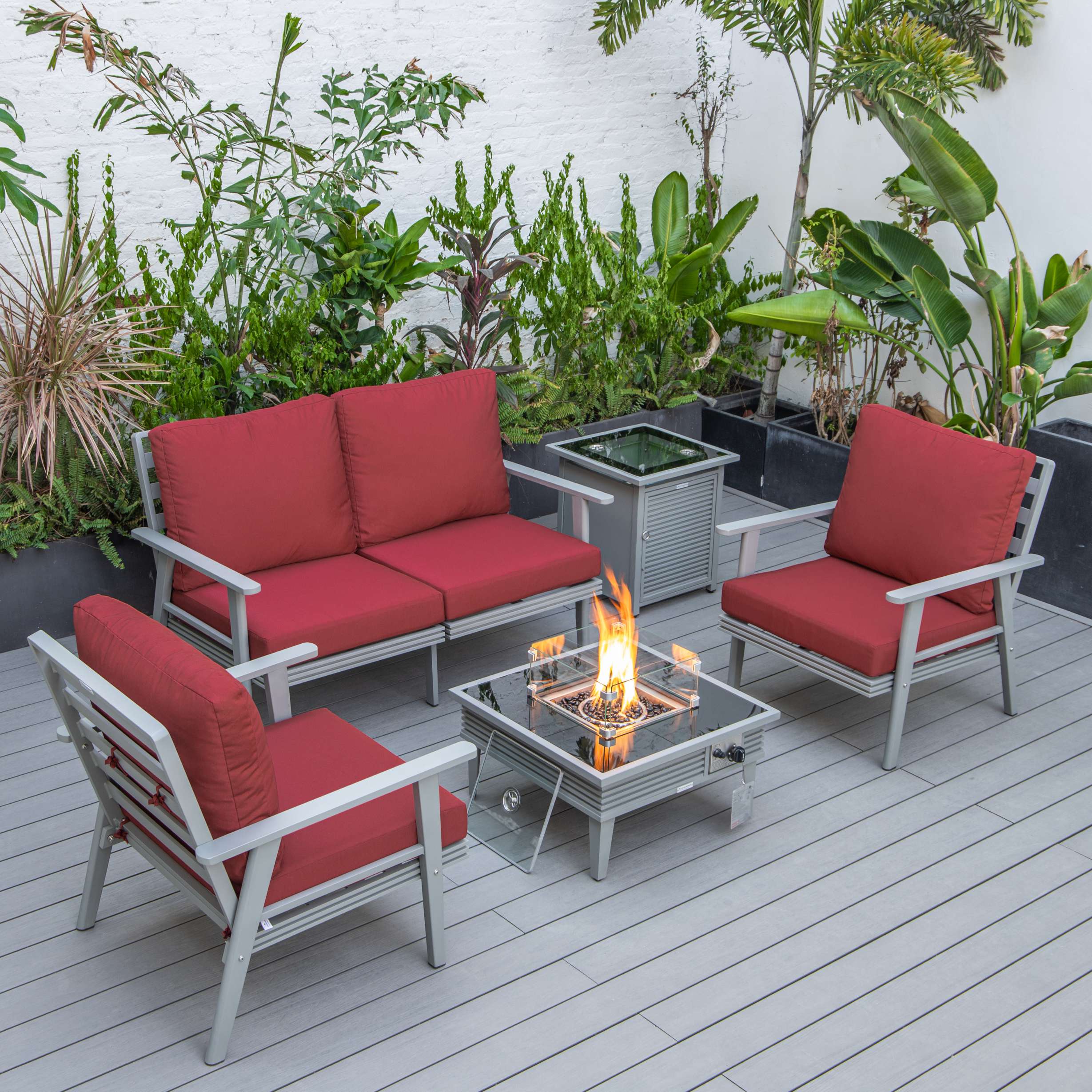 LeisureMod Walbrooke Modern Grey Patio Conversation With Square Fire Pit With Slats Design & Tank Holder - Image 78