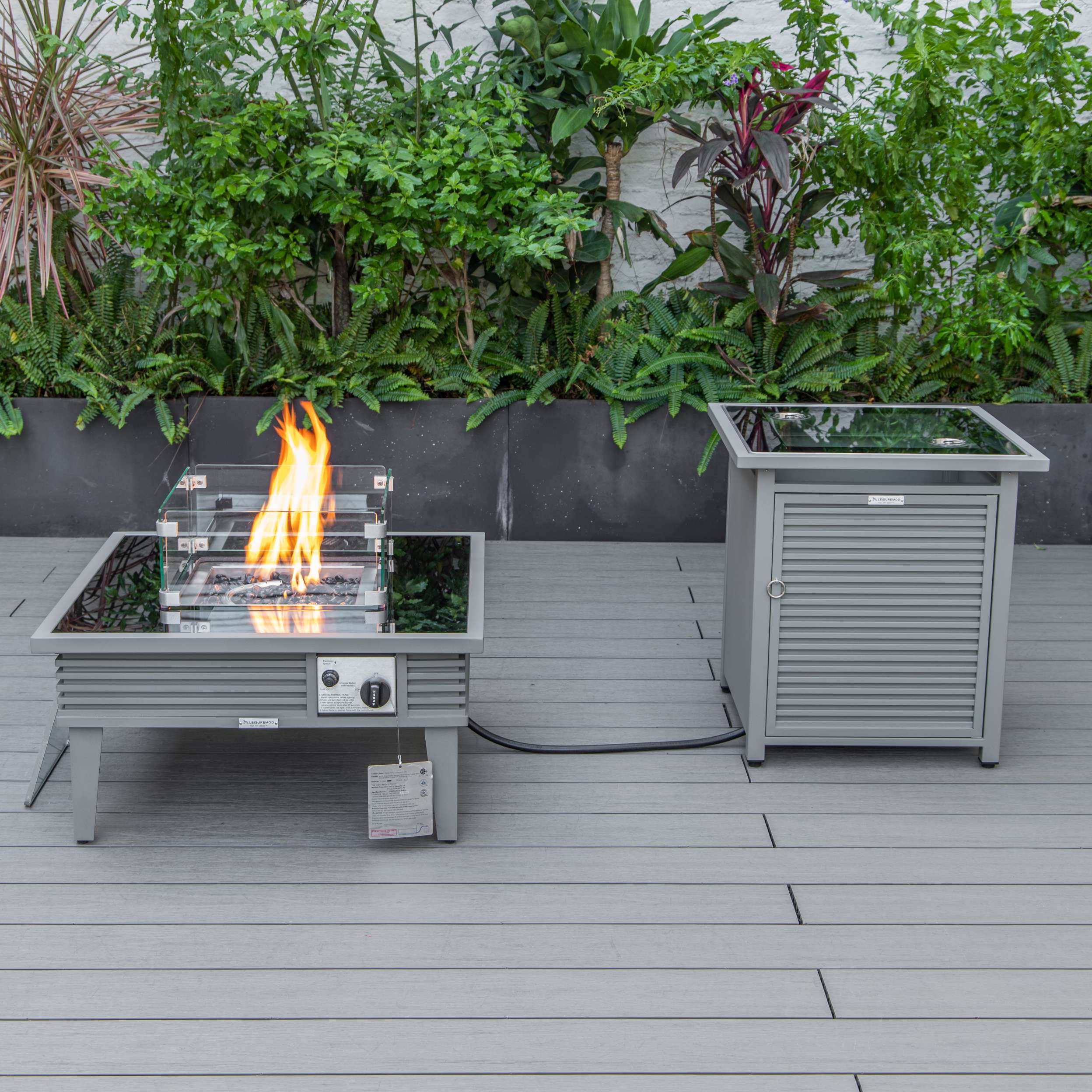 LeisureMod Walbrooke Modern Grey Patio Conversation With Square Fire Pit With Slats Design & Tank Holder - Image 8