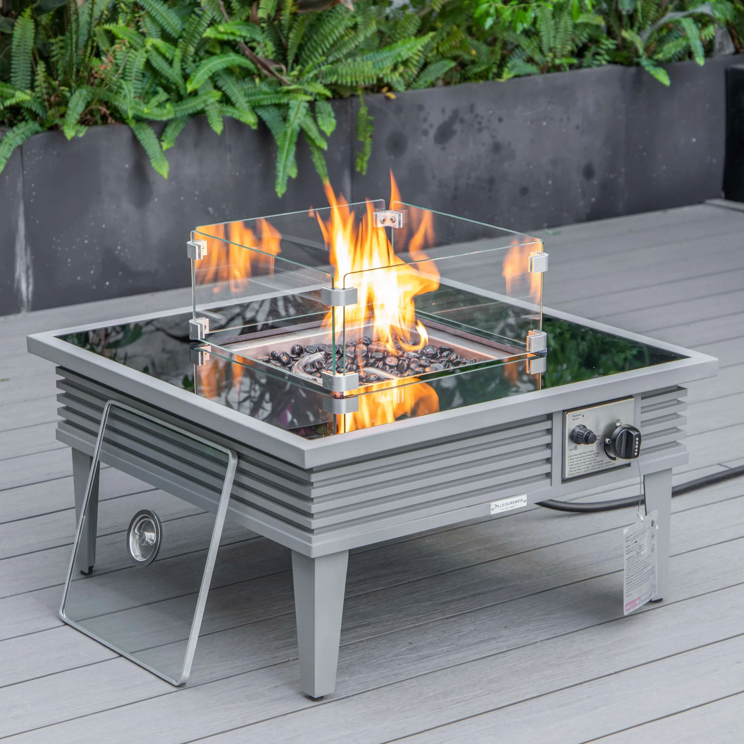 LeisureMod Walbrooke Modern Grey Patio Conversation With Square Fire Pit With Slats Design & Tank Holder - Image 9