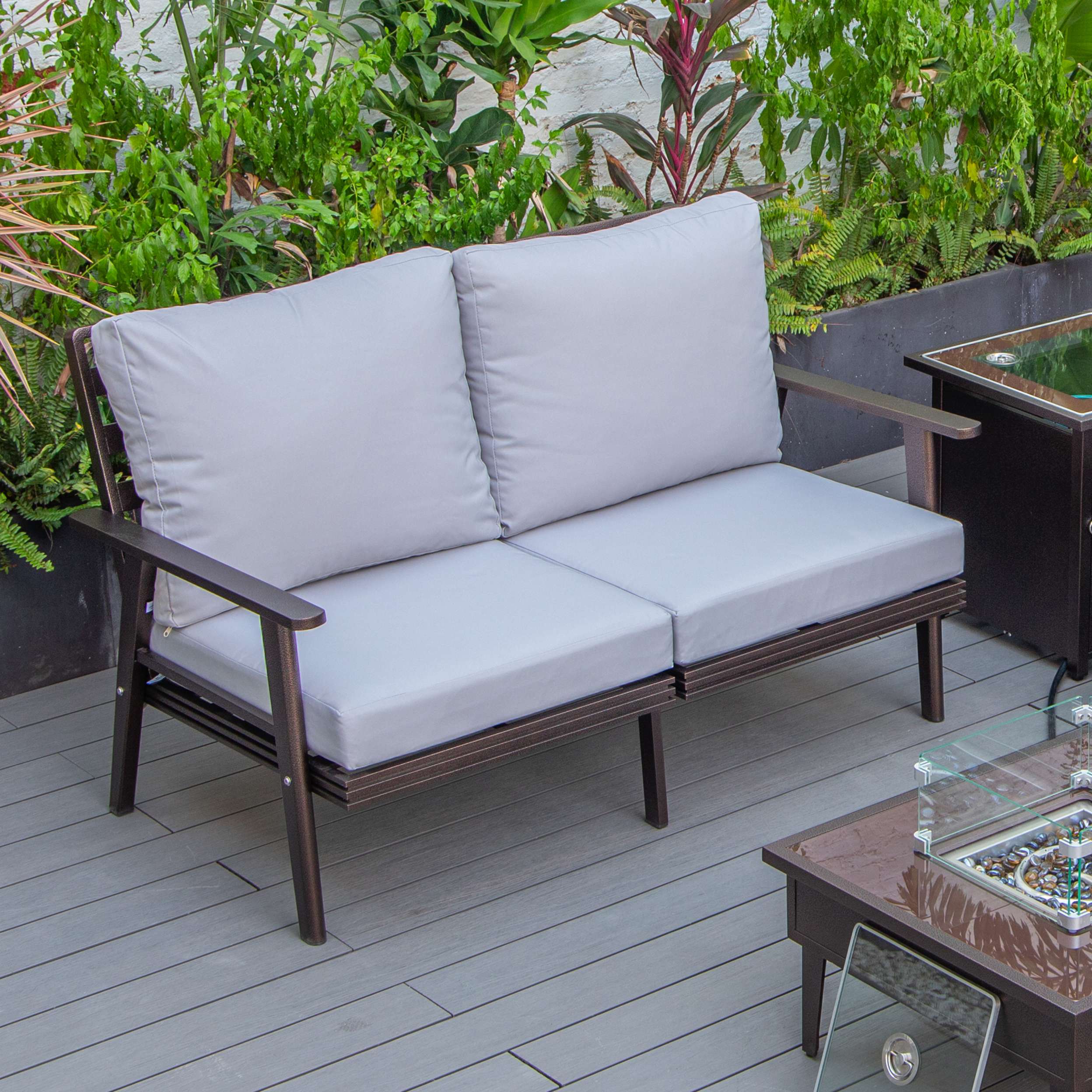 Leisuremod Walbrooke Modern Outdoor Patio Loveseat with Brown Aluminum Frame and Removable Cushions For Patio and Backyard Garden - Image 44