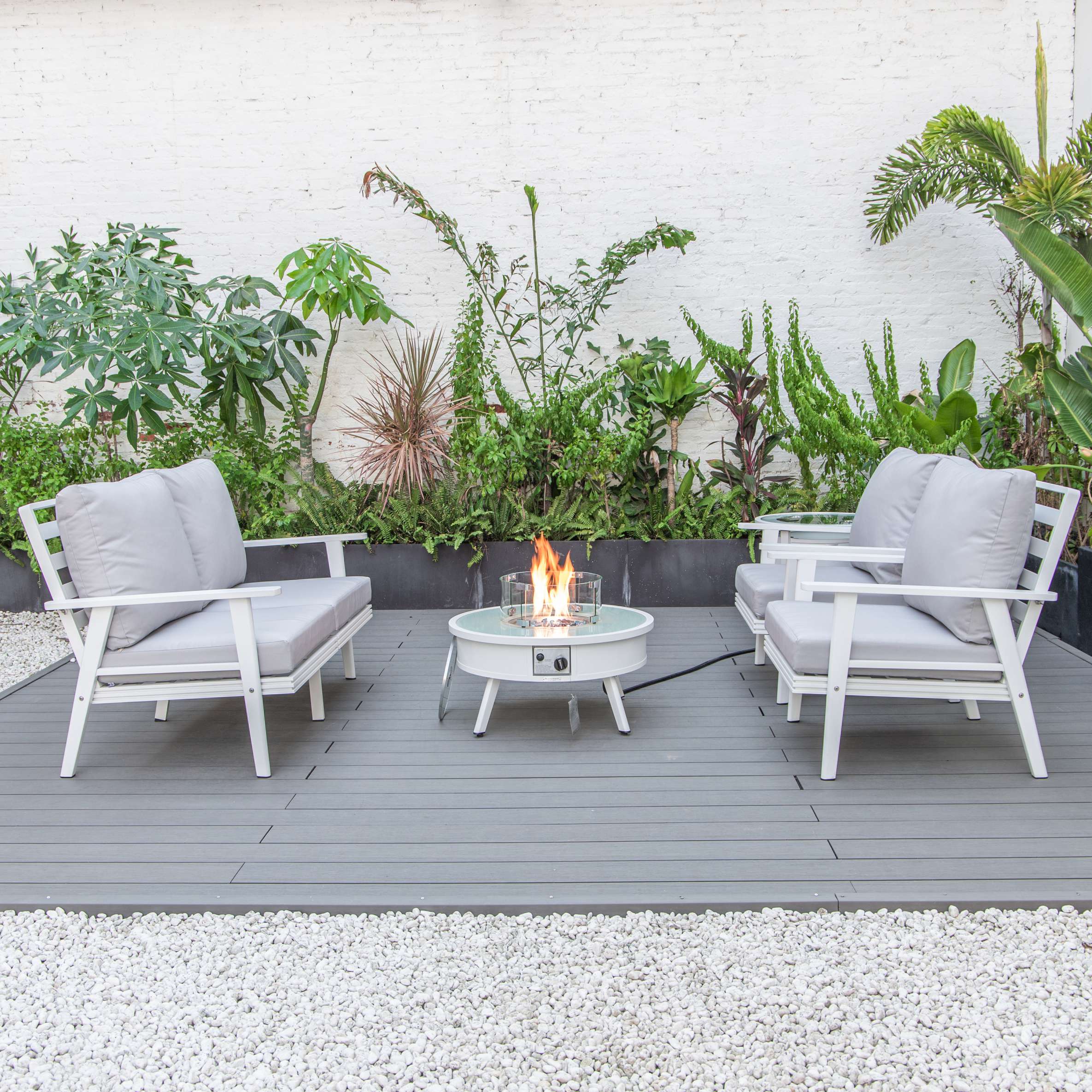 LeisureMod Walbrooke Modern White Patio Conversation With Round Fire Pit & Tank Holder - Image 100