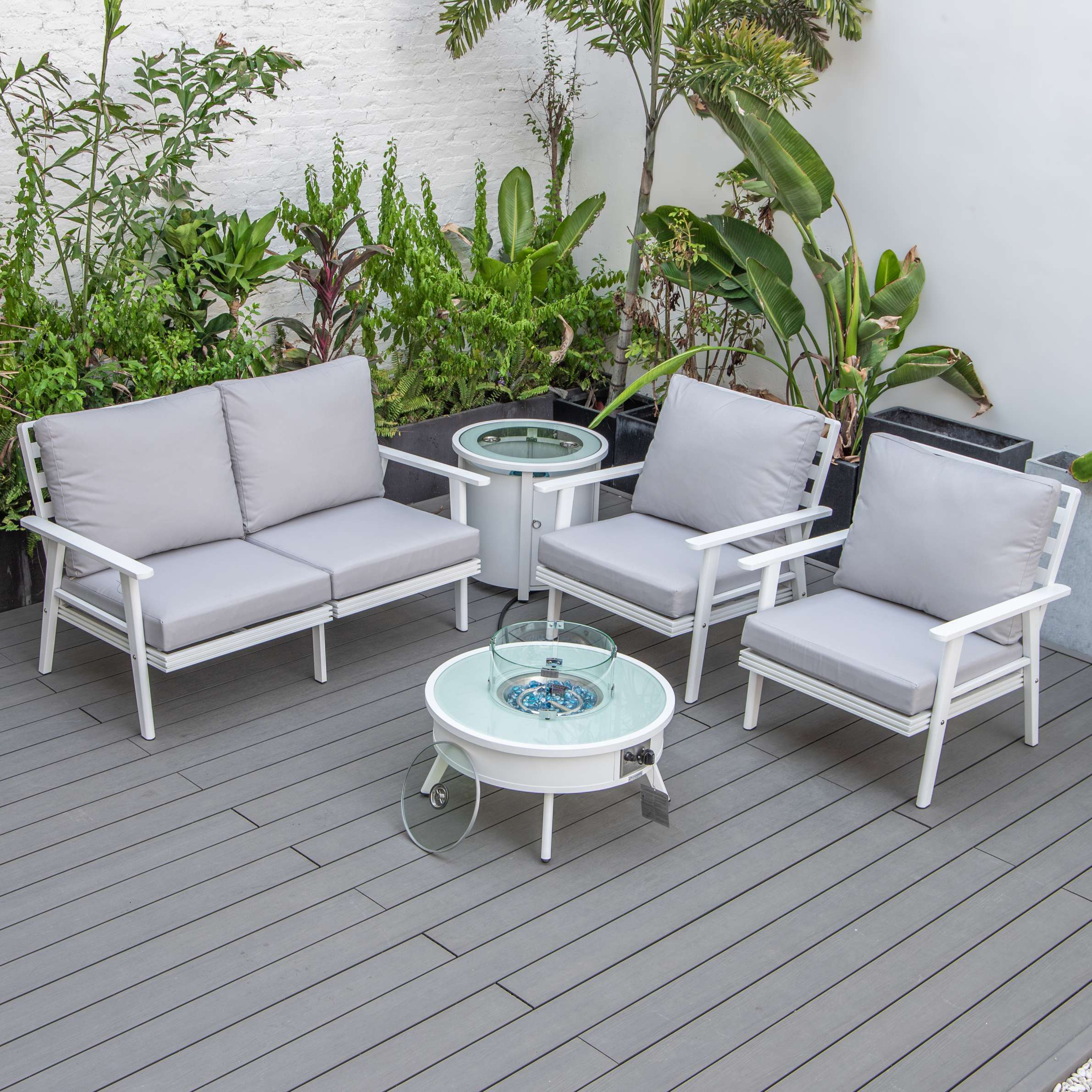 LeisureMod Walbrooke Modern White Patio Conversation With Round Fire Pit & Tank Holder - Image 101