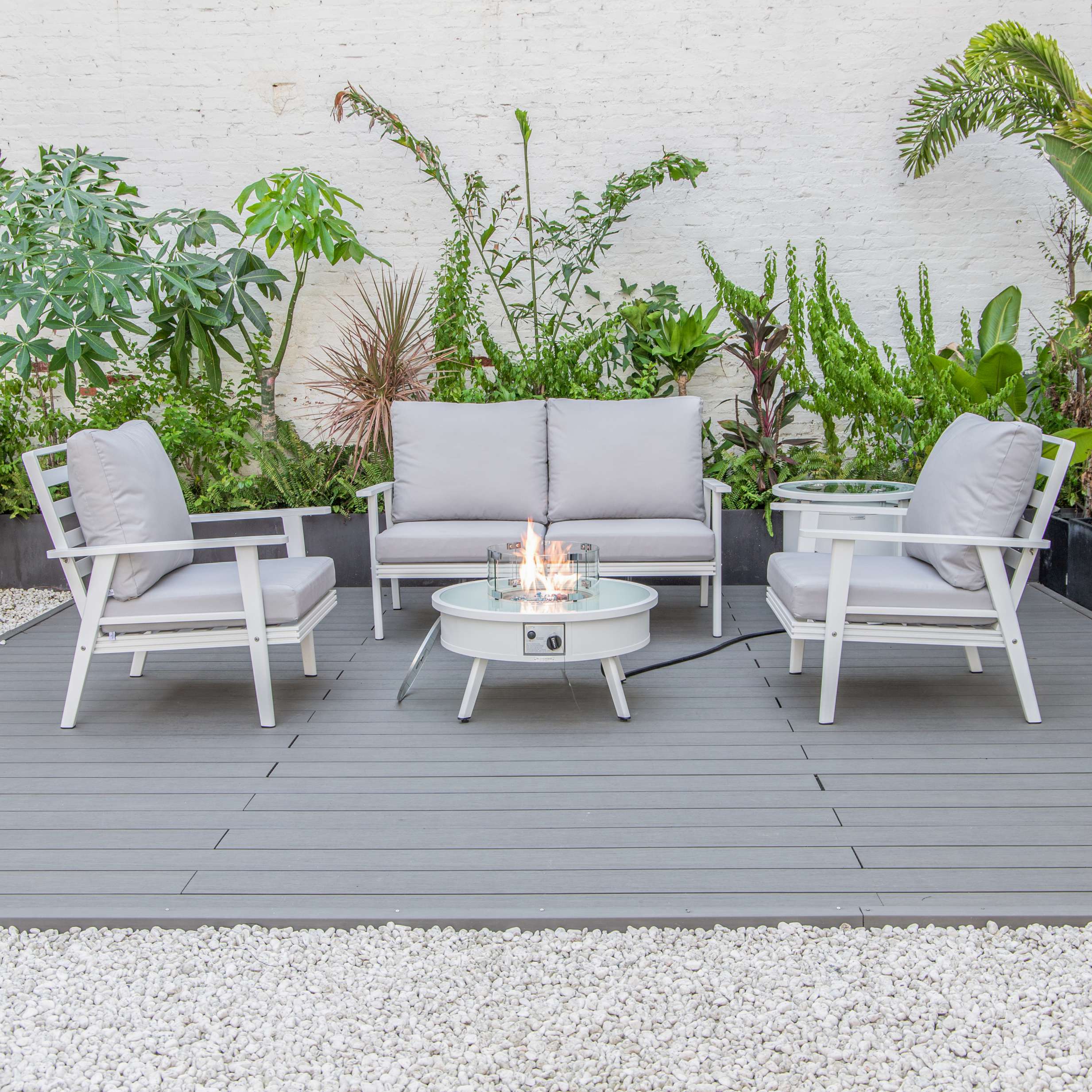 LeisureMod Walbrooke Modern White Patio Conversation With Round Fire Pit & Tank Holder - Image 102