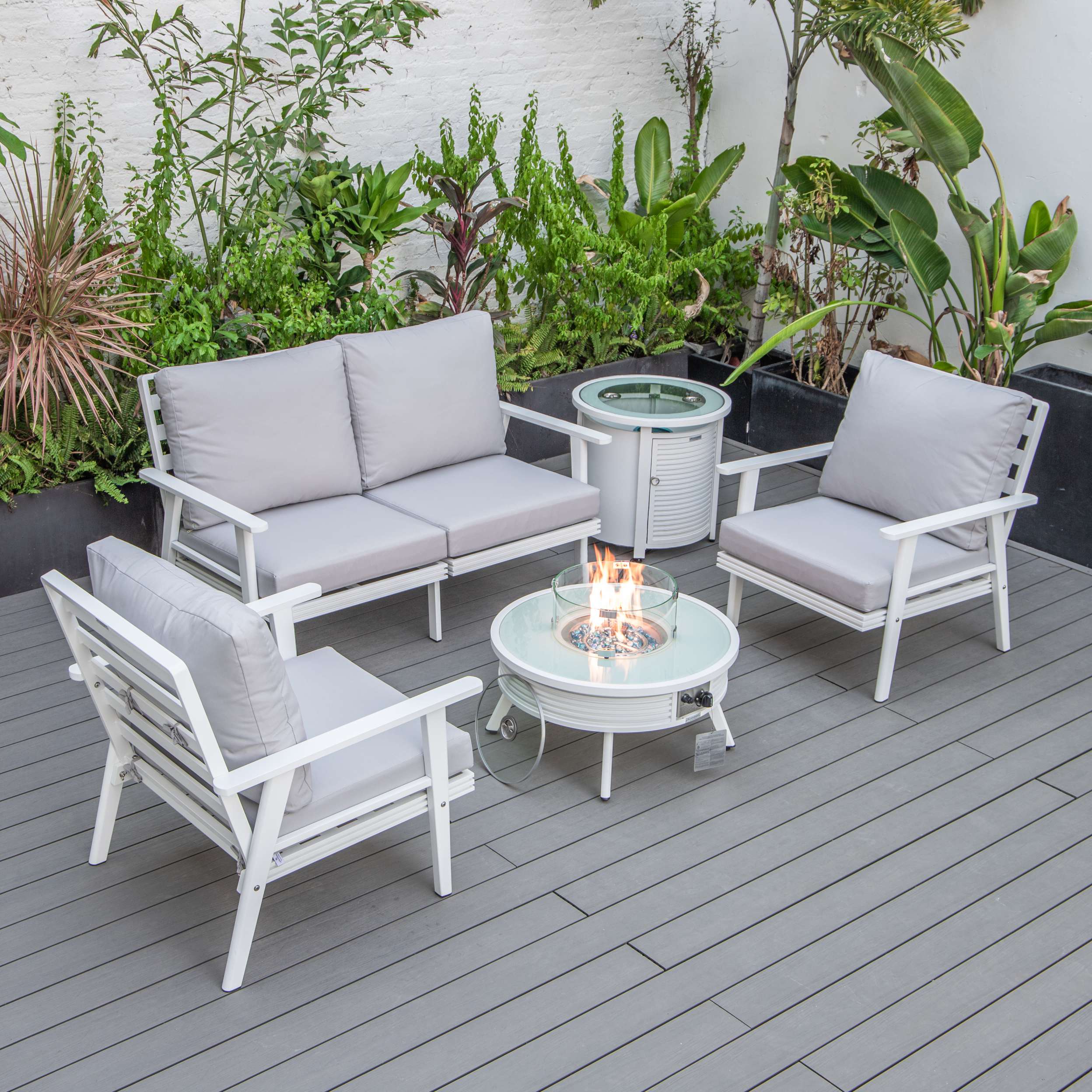 LeisureMod Walbrooke Modern White Patio Conversation With Round Fire Pit & Tank Holder - Image 103