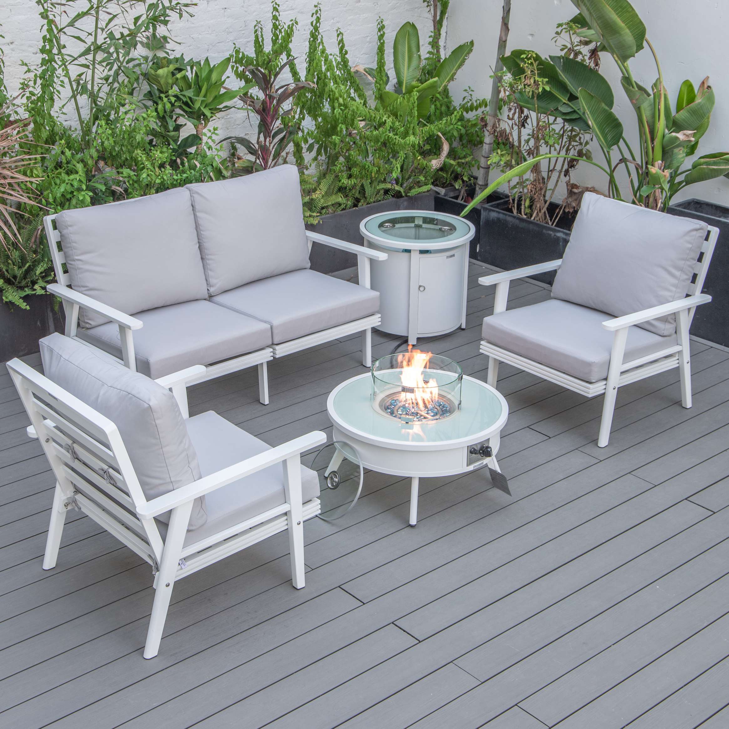 LeisureMod Walbrooke Modern White Patio Conversation With Round Fire Pit & Tank Holder - Image 104