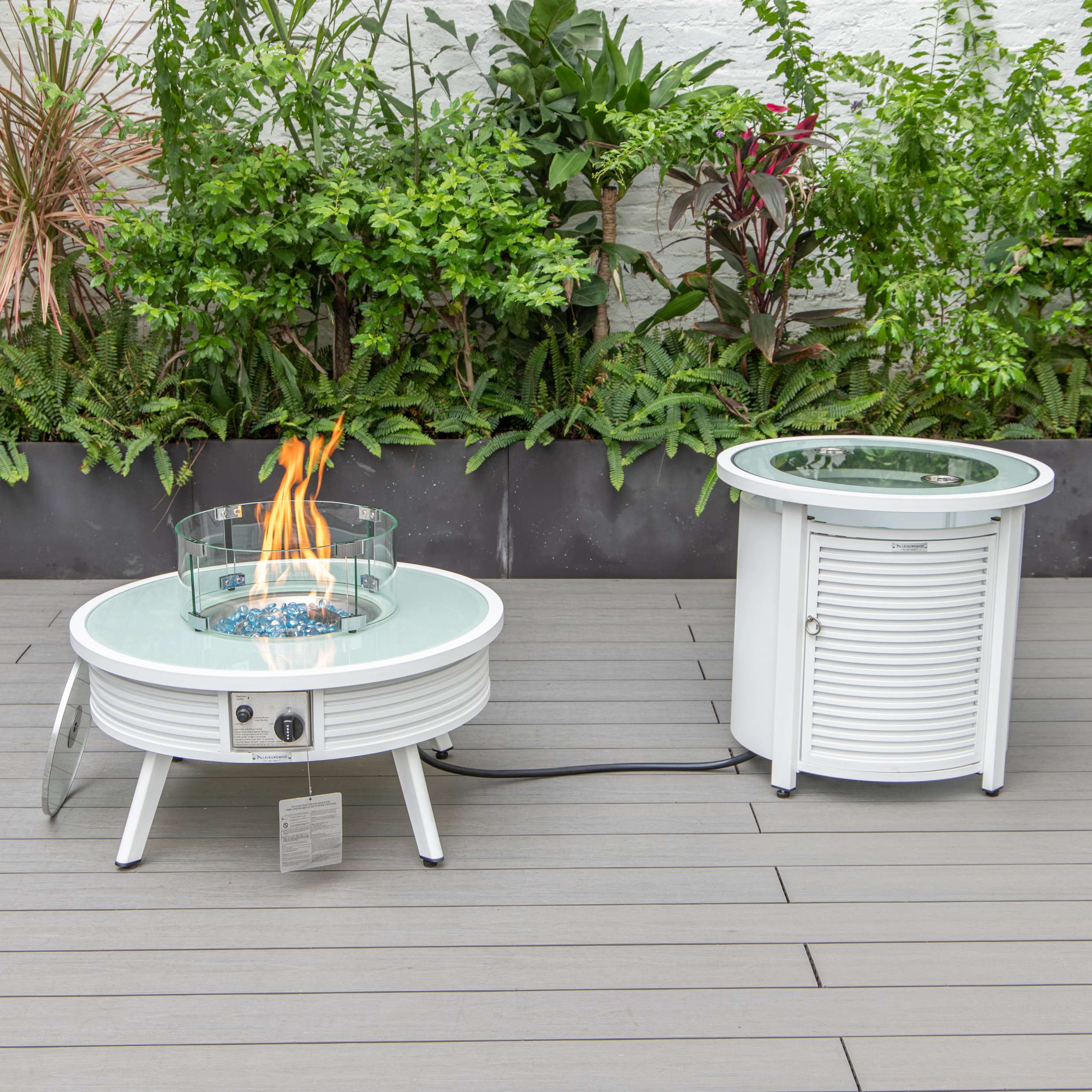 LeisureMod Walbrooke Modern White Patio Conversation With Round Fire Pit & Tank Holder - Image 12