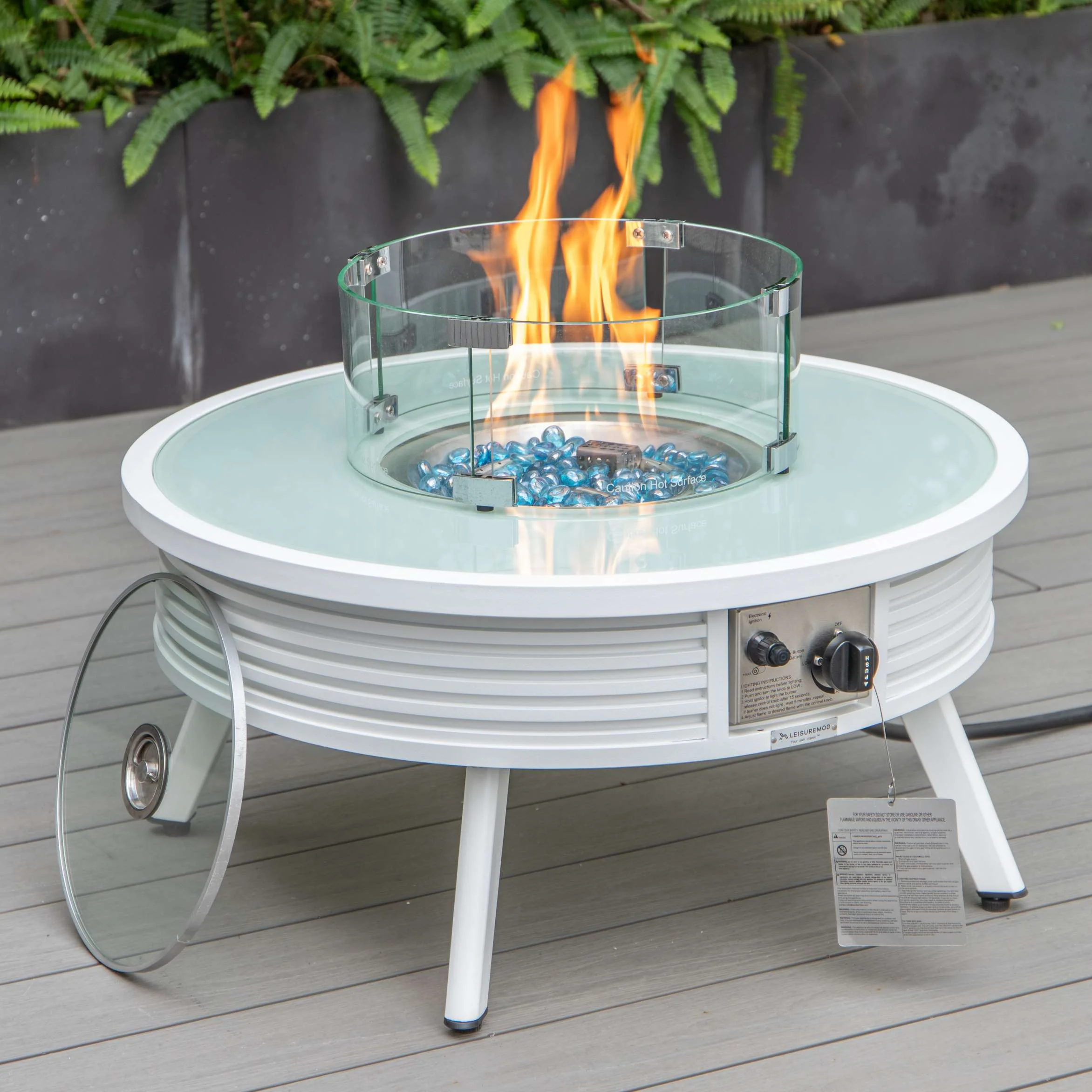 LeisureMod Walbrooke Modern White Patio Conversation With Round Fire Pit & Tank Holder - Image 13