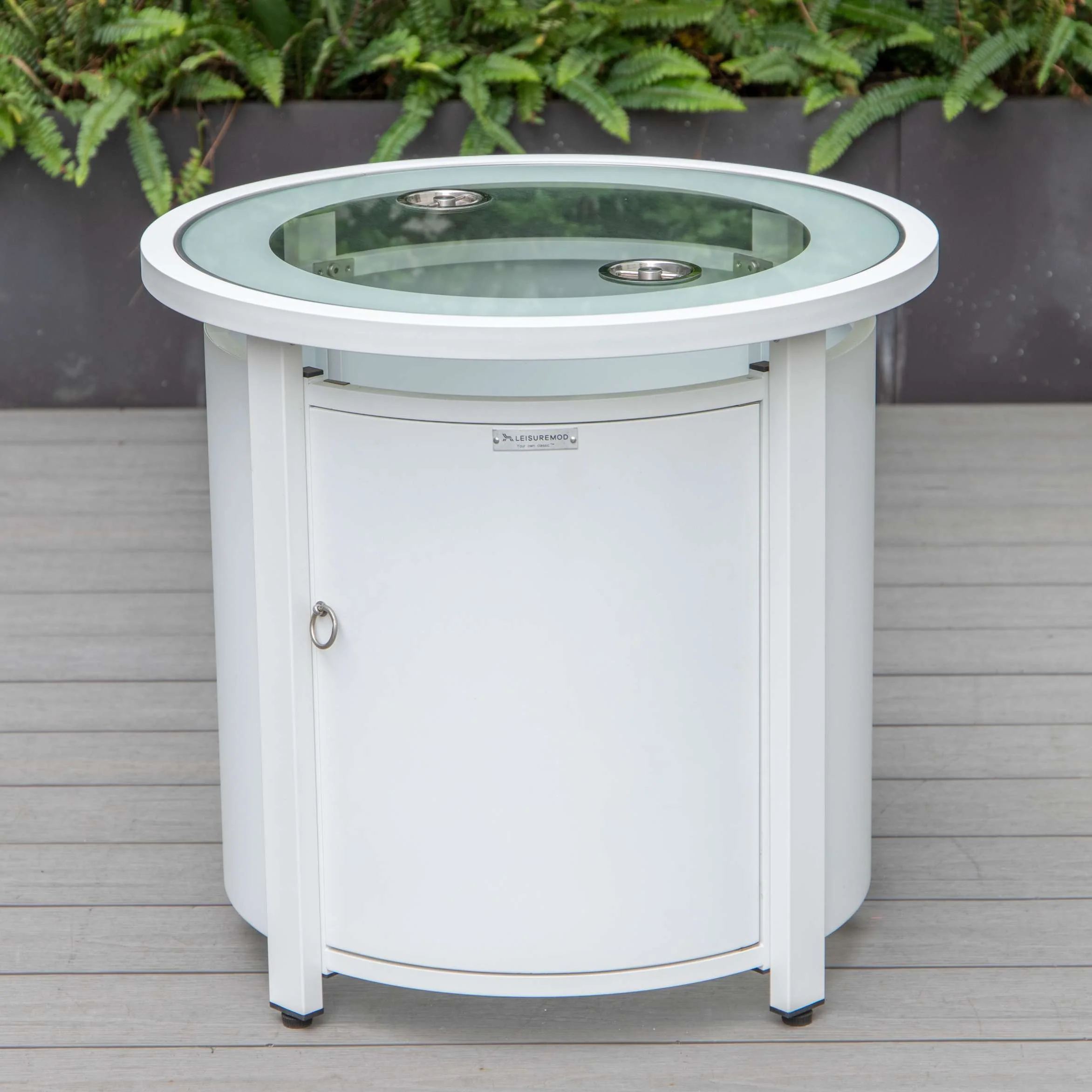 LeisureMod Walbrooke Modern White Patio Conversation With Round Fire Pit & Tank Holder - Image 14