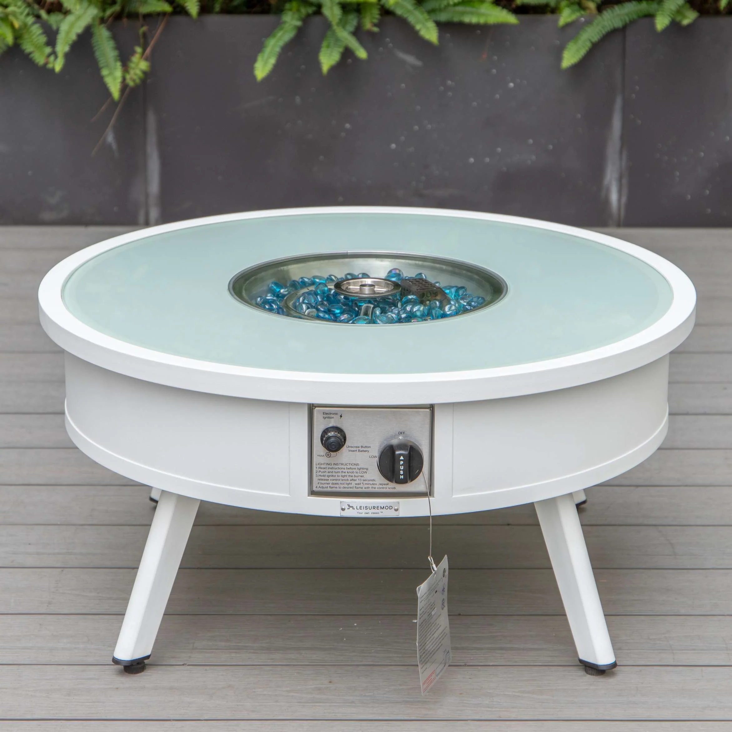 LeisureMod Walbrooke Modern White Patio Conversation With Round Fire Pit & Tank Holder - Image 15
