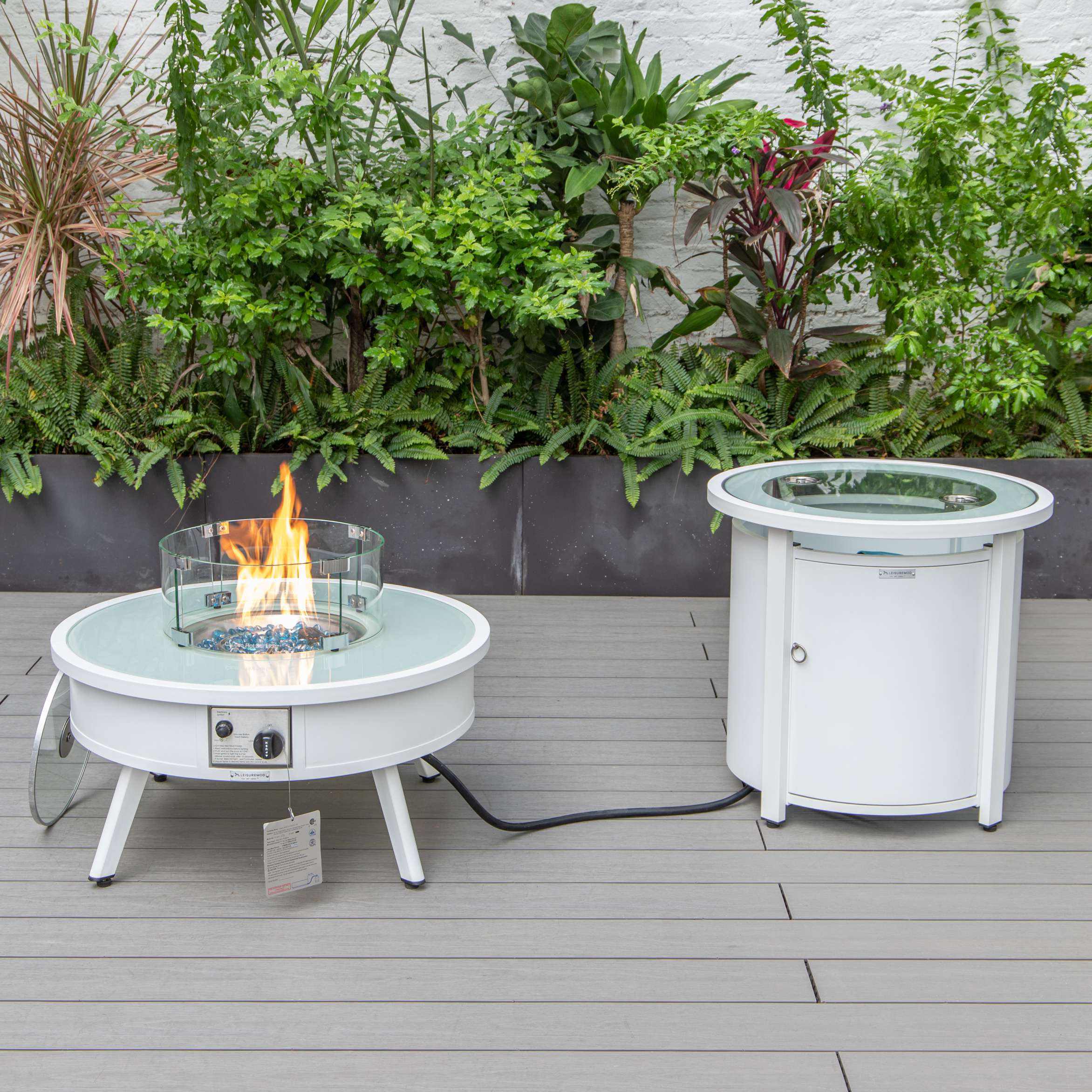 LeisureMod Walbrooke Modern White Patio Conversation With Round Fire Pit & Tank Holder - Image 16