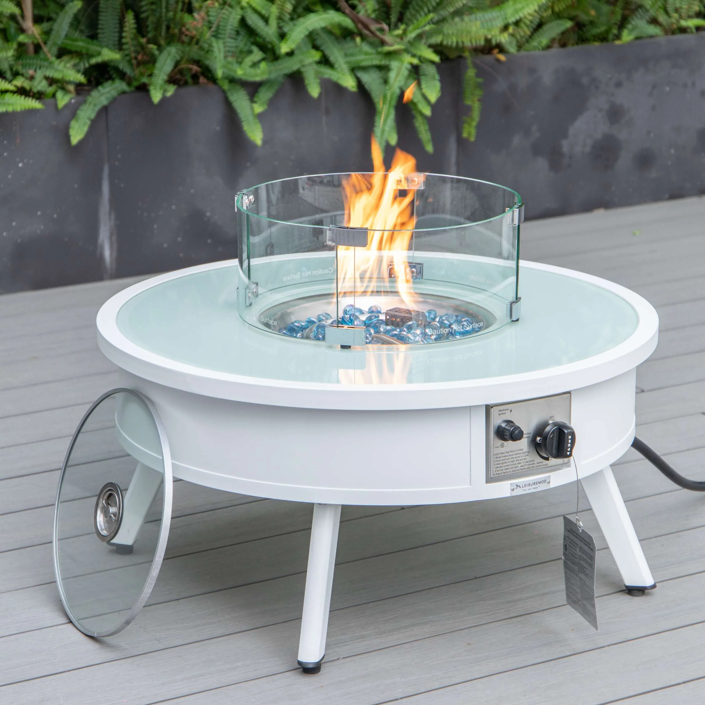 LeisureMod Walbrooke Modern White Patio Conversation With Round Fire Pit & Tank Holder - Image 17