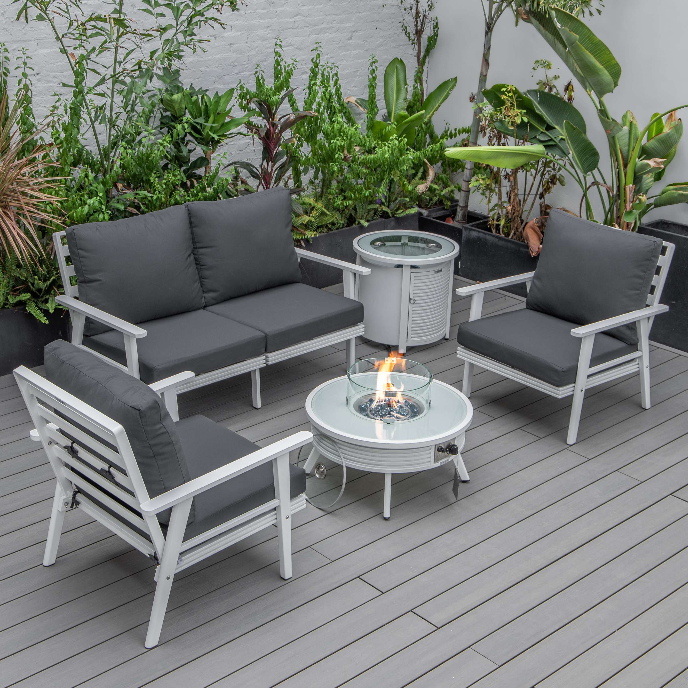 LeisureMod Walbrooke Modern White Patio Conversation With Round Fire Pit & Tank Holder - Image 3