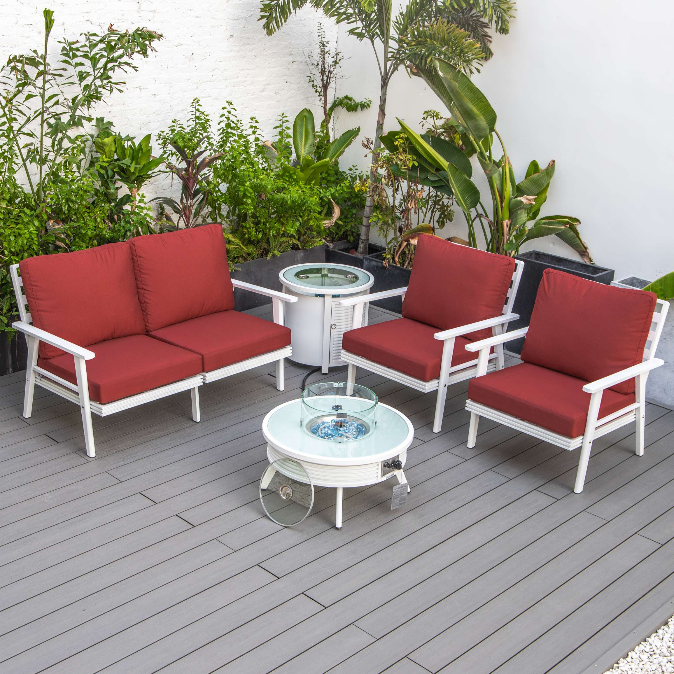 LeisureMod Walbrooke Modern White Patio Conversation With Round Fire Pit & Tank Holder - Image 50