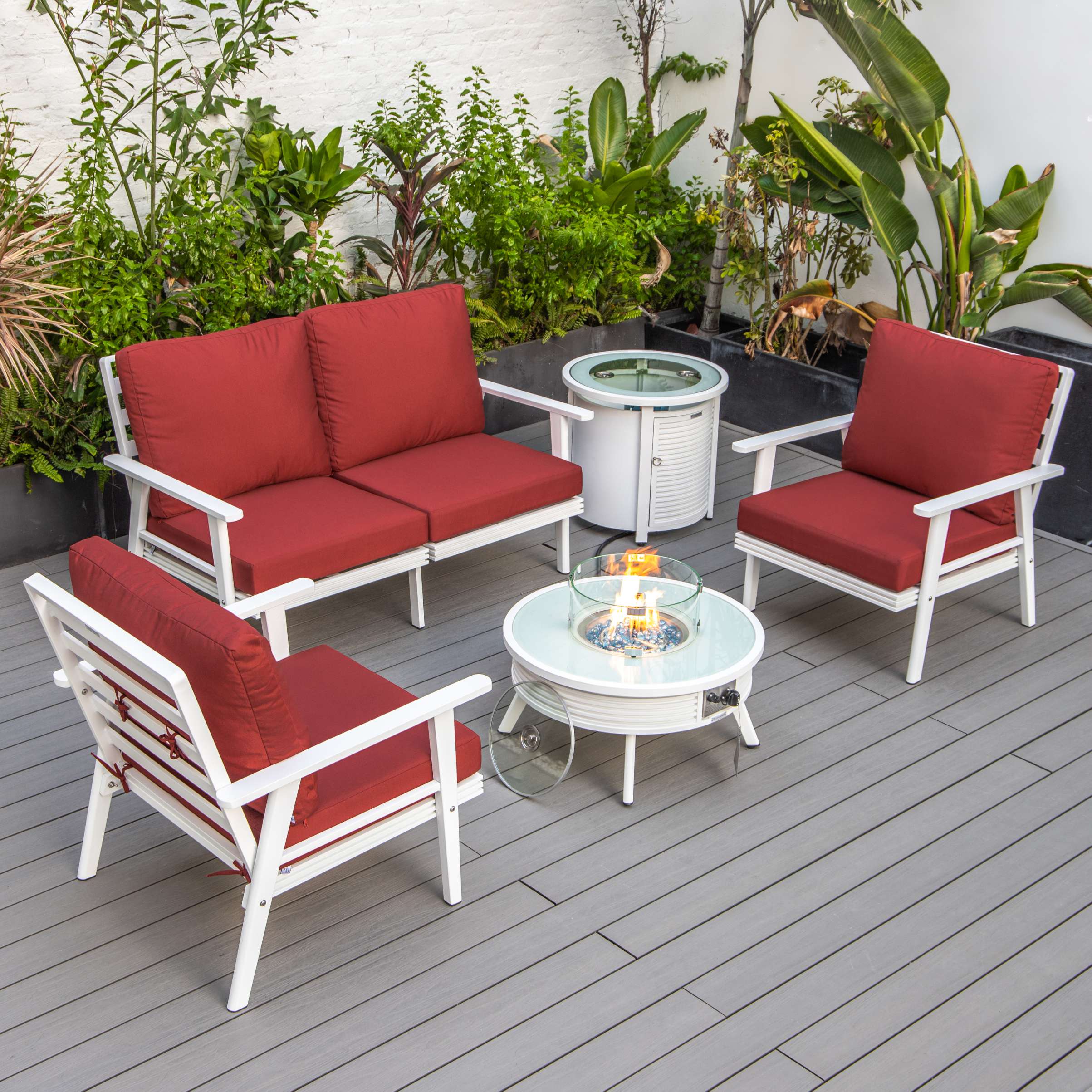 LeisureMod Walbrooke Modern White Patio Conversation With Round Fire Pit & Tank Holder - Image 52