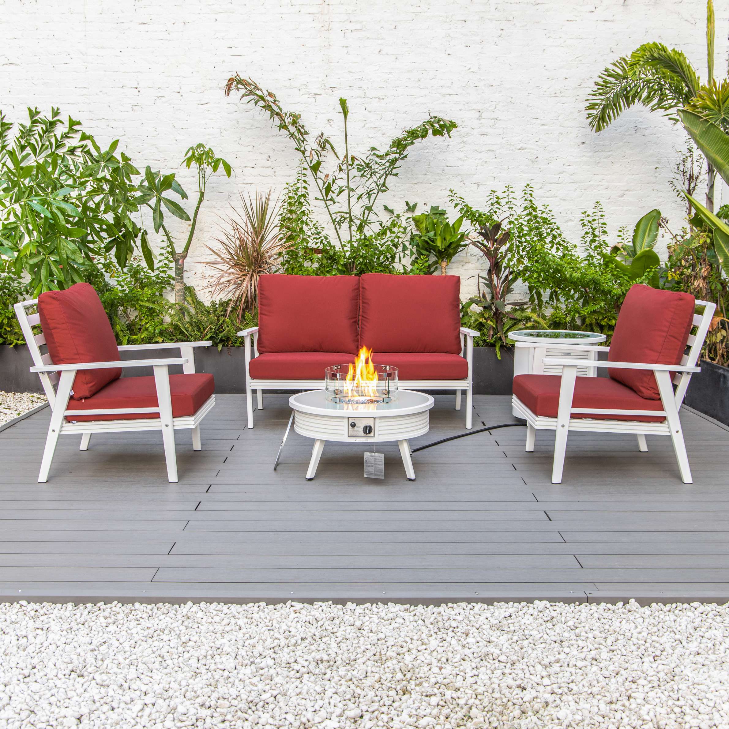 LeisureMod Walbrooke Modern White Patio Conversation With Round Fire Pit & Tank Holder - Image 53