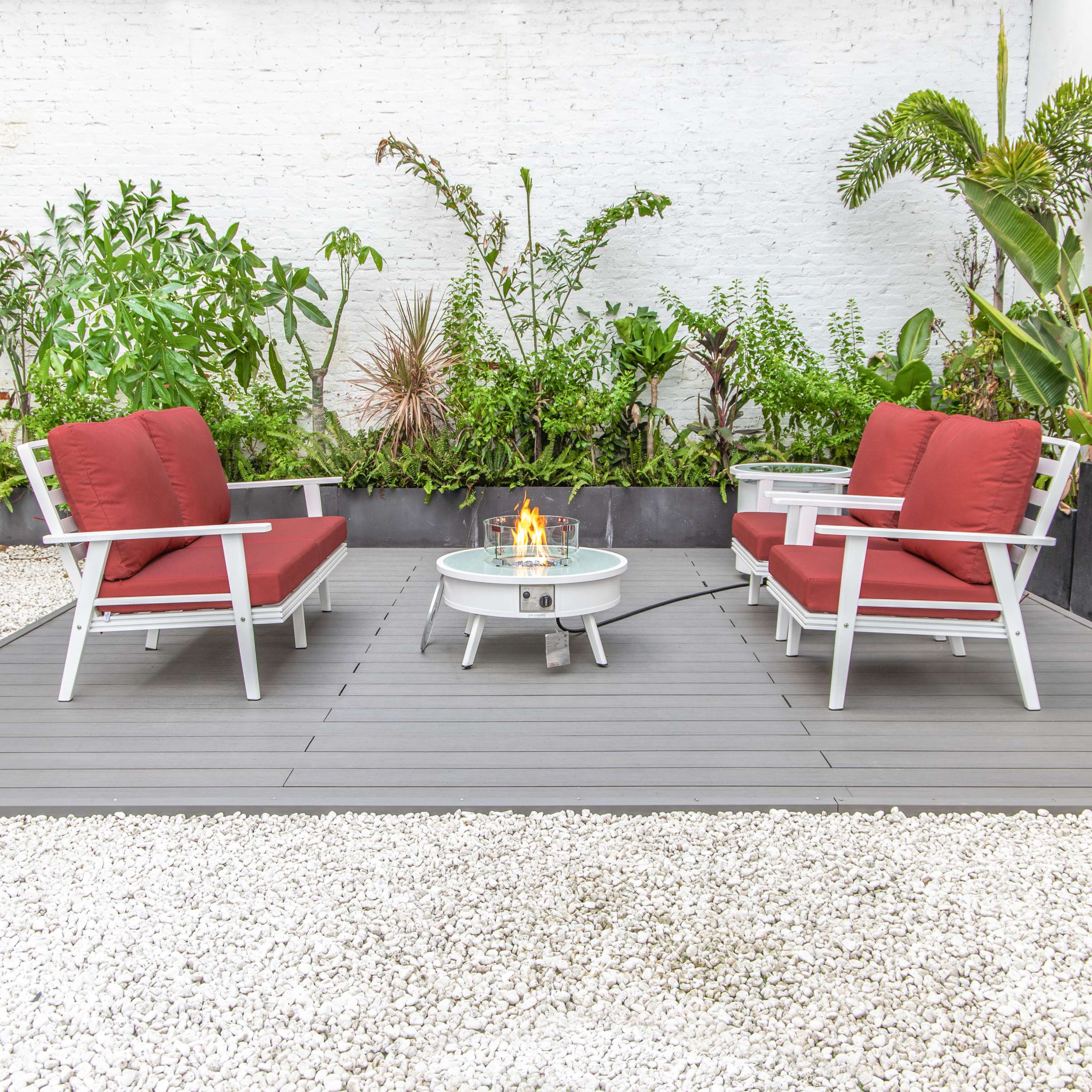 LeisureMod Walbrooke Modern White Patio Conversation With Round Fire Pit & Tank Holder - Image 55