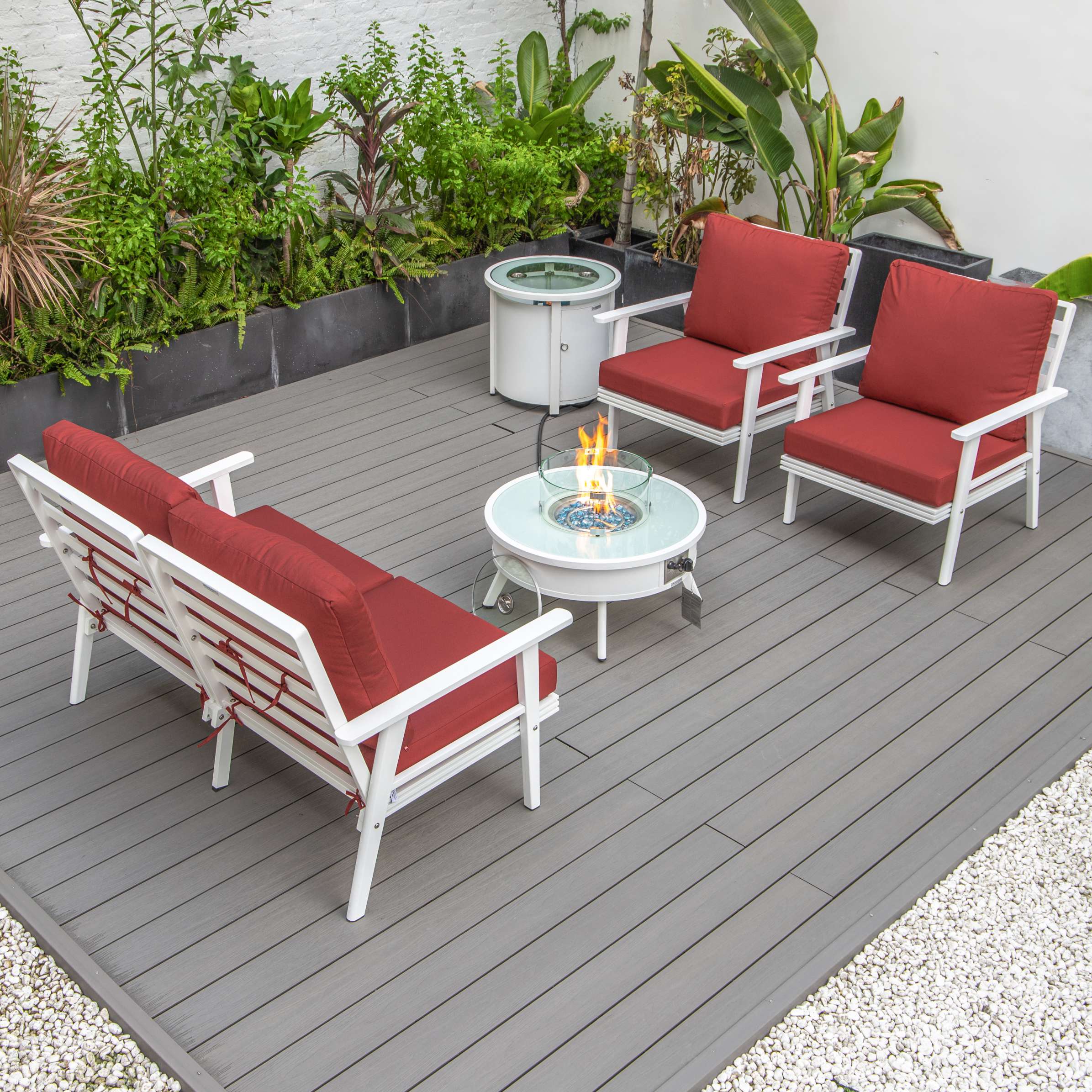 LeisureMod Walbrooke Modern White Patio Conversation With Round Fire Pit & Tank Holder - Image 56