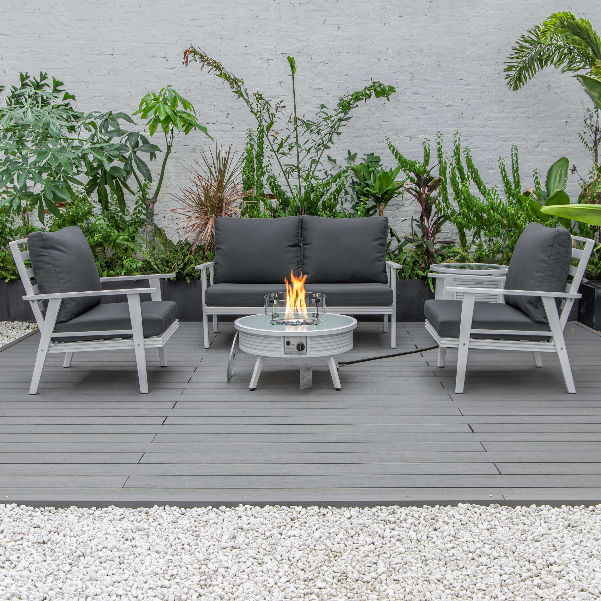 LeisureMod Walbrooke Modern White Patio Conversation With Round Fire Pit & Tank Holder - Image 58