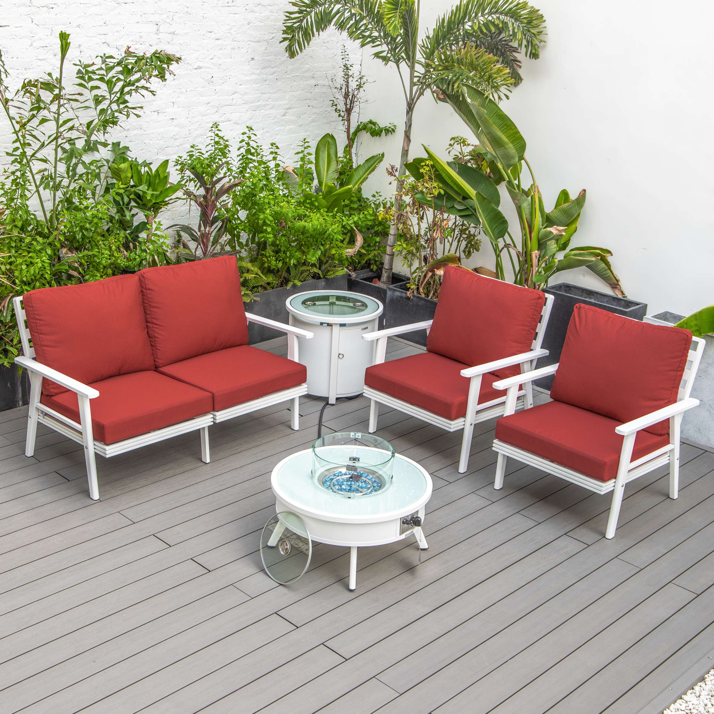 LeisureMod Walbrooke Modern White Patio Conversation With Round Fire Pit & Tank Holder - Image 60