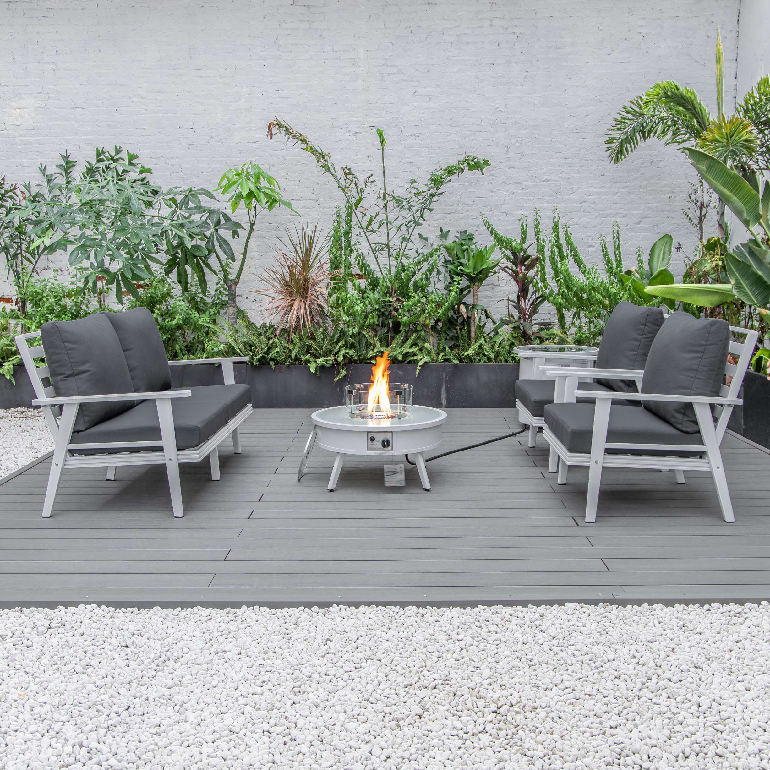 LeisureMod Walbrooke Modern White Patio Conversation With Round Fire Pit & Tank Holder - Image 61