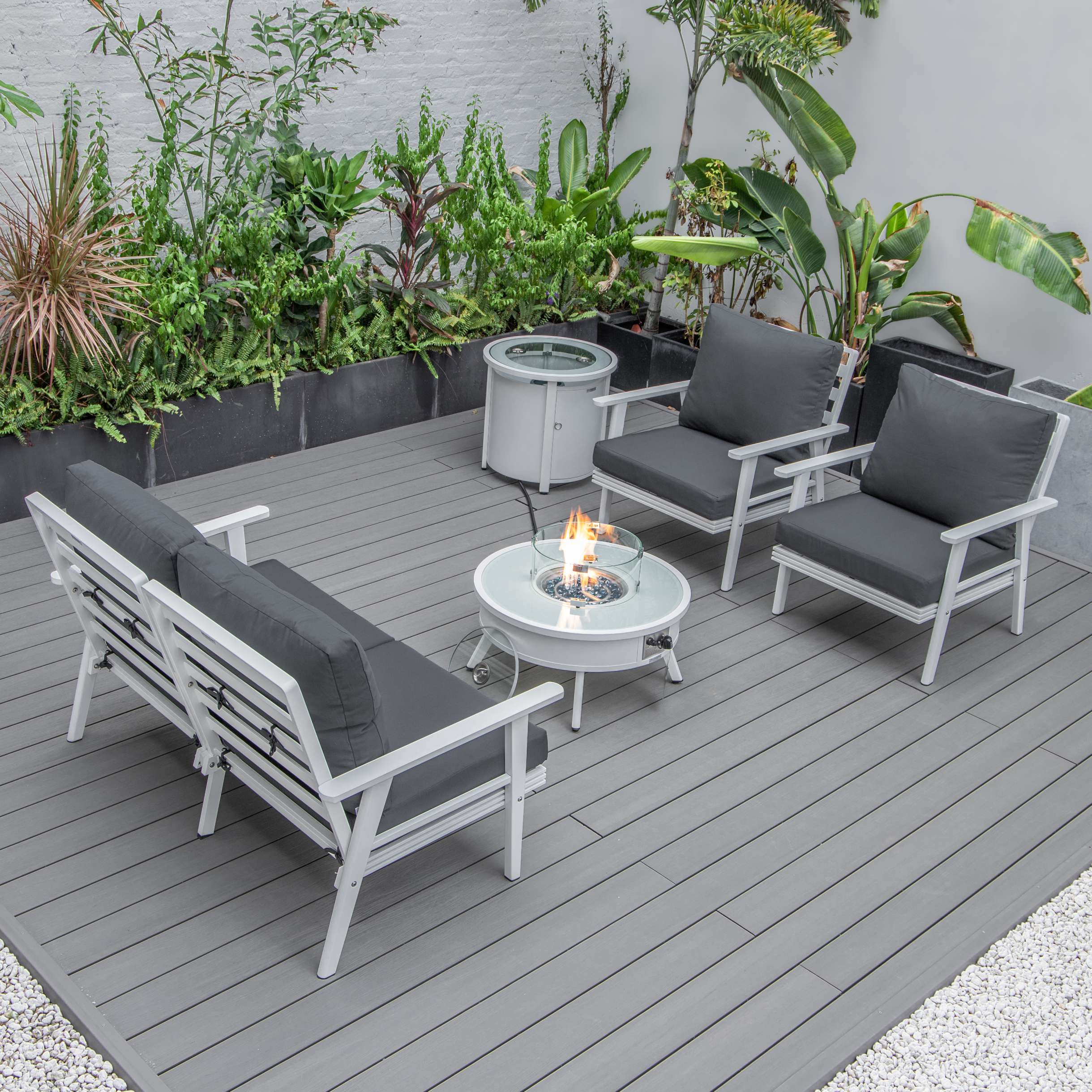 LeisureMod Walbrooke Modern White Patio Conversation With Round Fire Pit & Tank Holder - Image 62