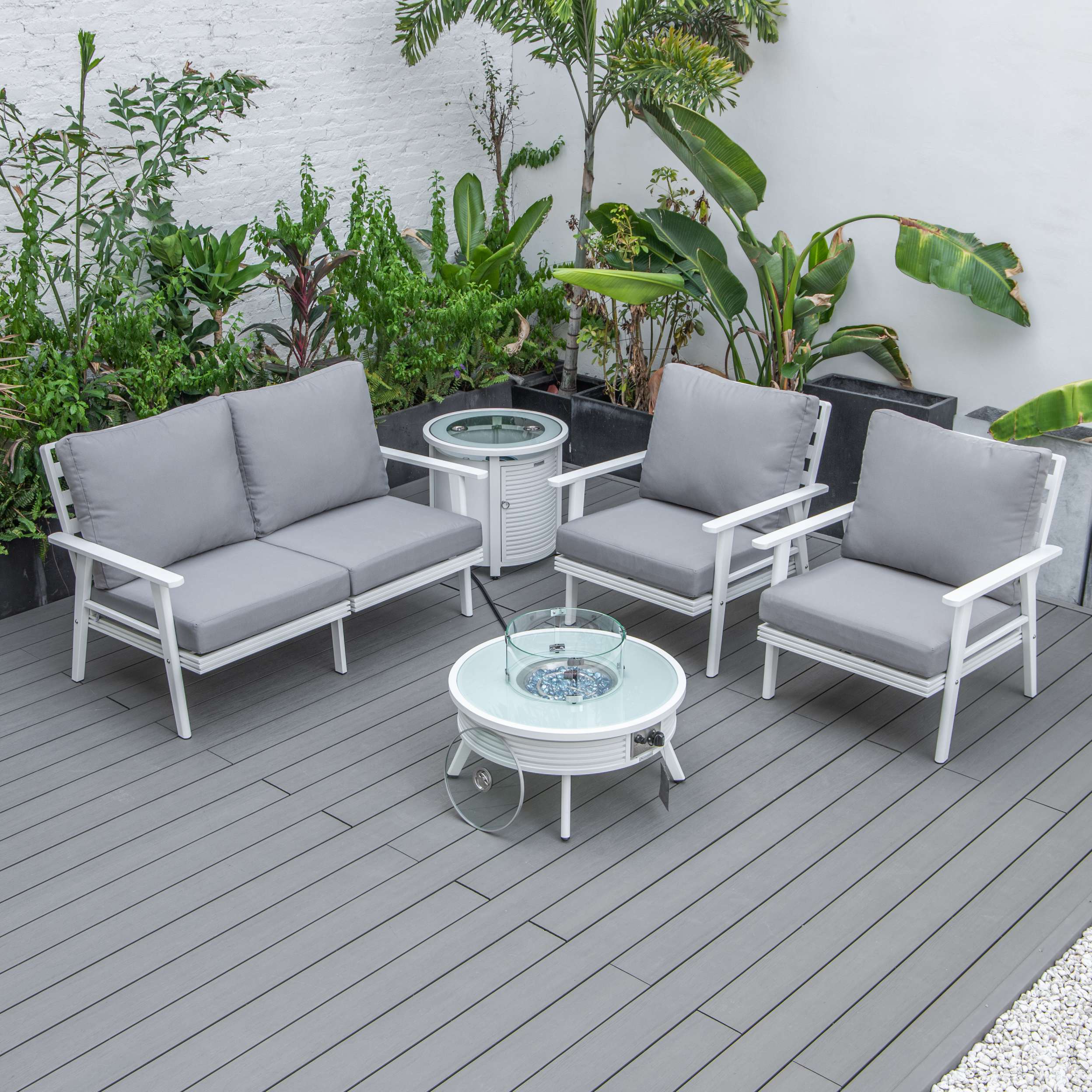 LeisureMod Walbrooke Modern White Patio Conversation With Round Fire Pit & Tank Holder - Image 63