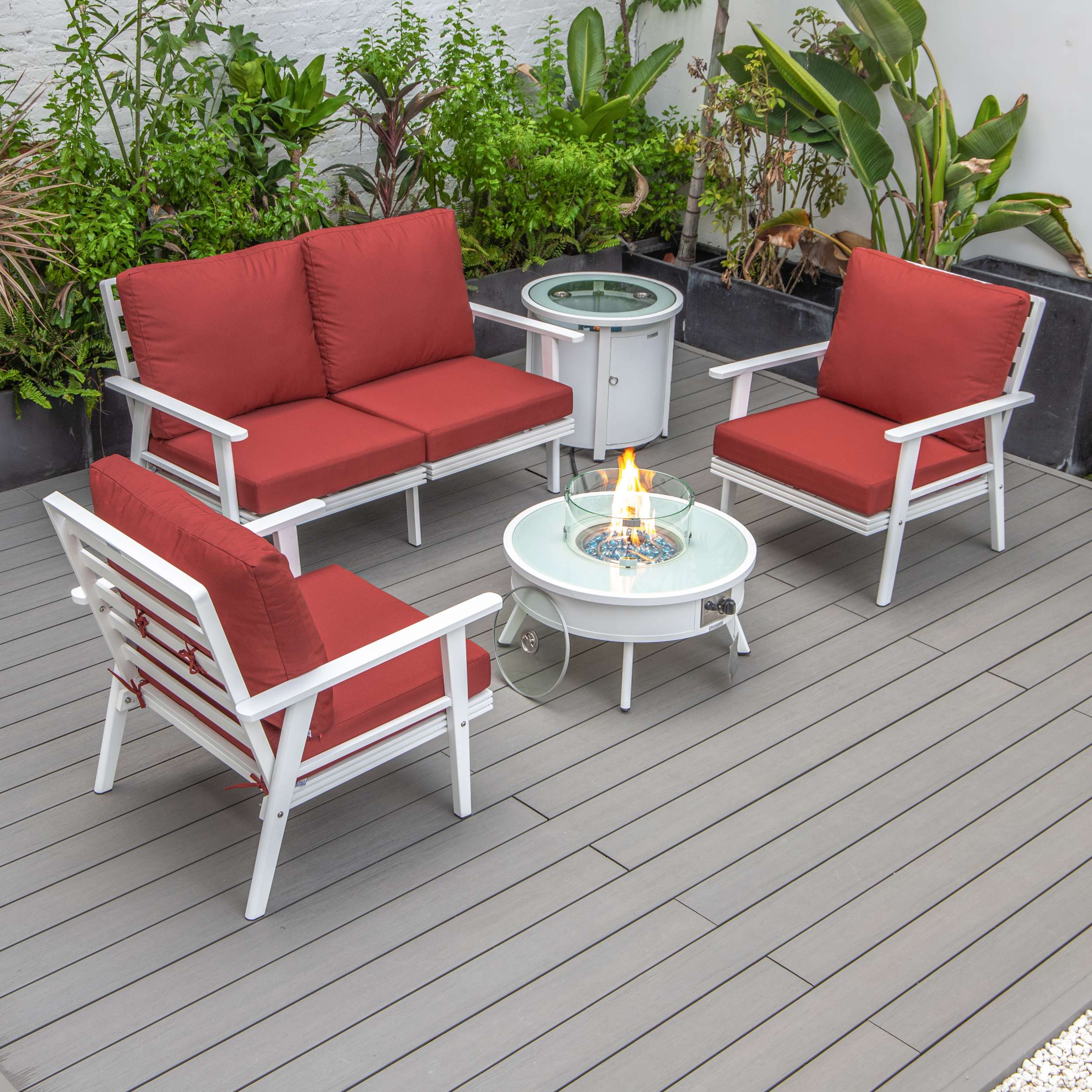 LeisureMod Walbrooke Modern White Patio Conversation With Round Fire Pit & Tank Holder - Image 64