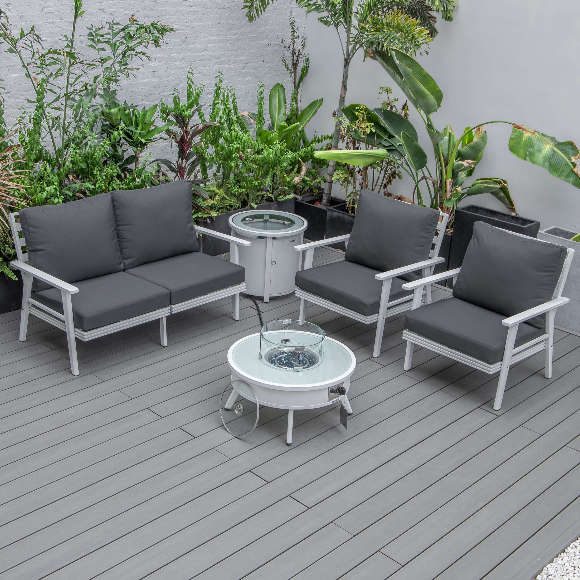 LeisureMod Walbrooke Modern White Patio Conversation With Round Fire Pit & Tank Holder - Image 65