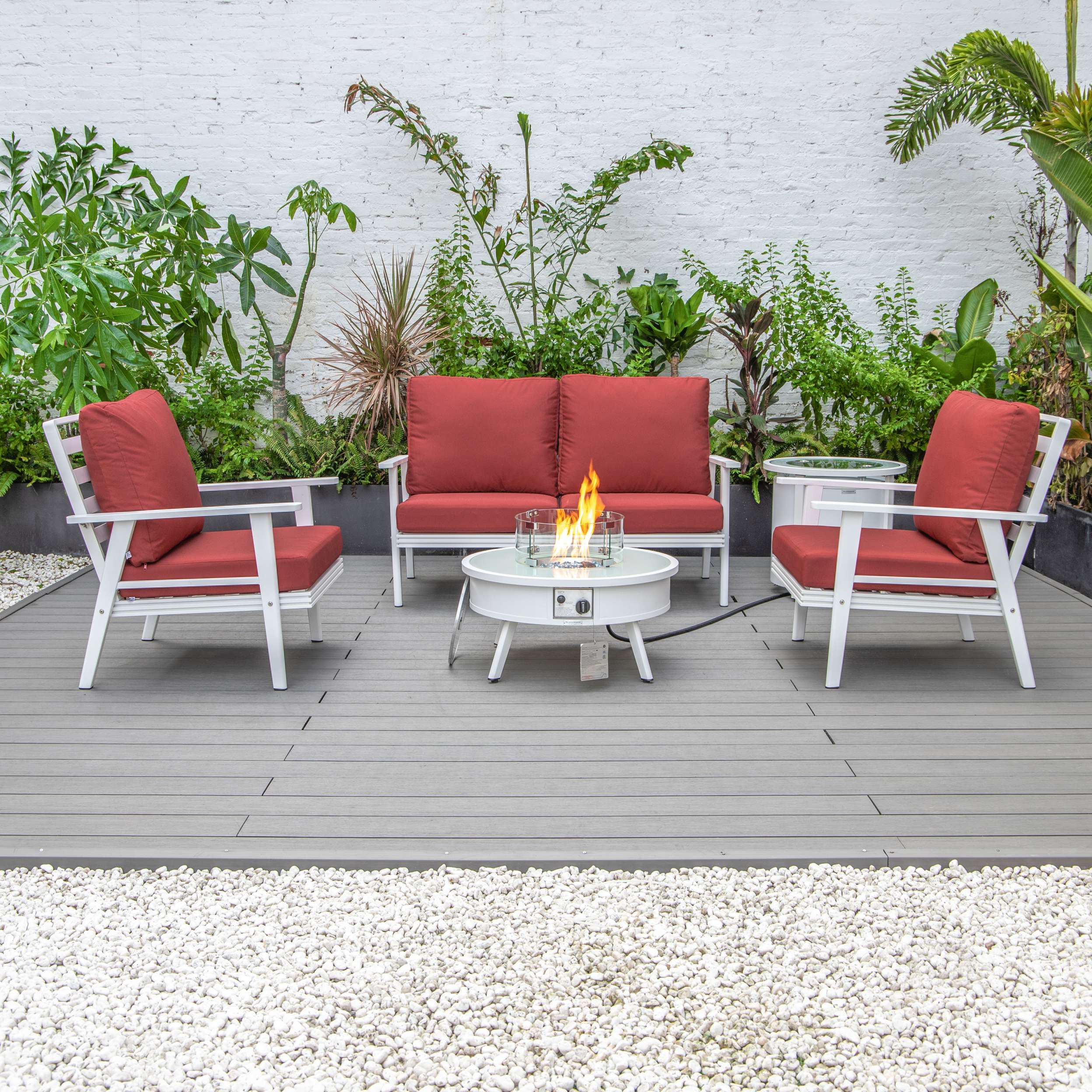 LeisureMod Walbrooke Modern White Patio Conversation With Round Fire Pit & Tank Holder - Image 66