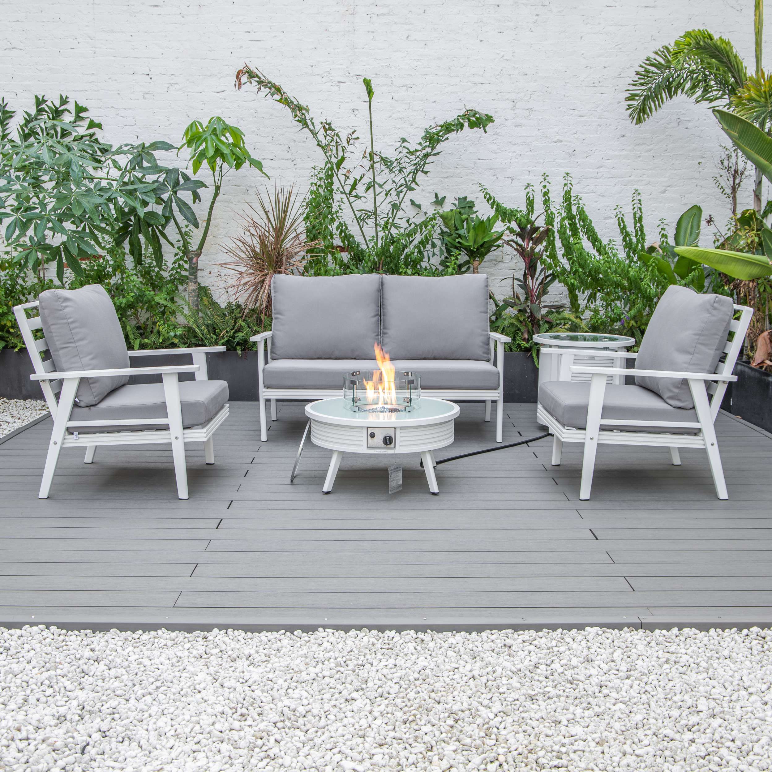 LeisureMod Walbrooke Modern White Patio Conversation With Round Fire Pit & Tank Holder - Image 68