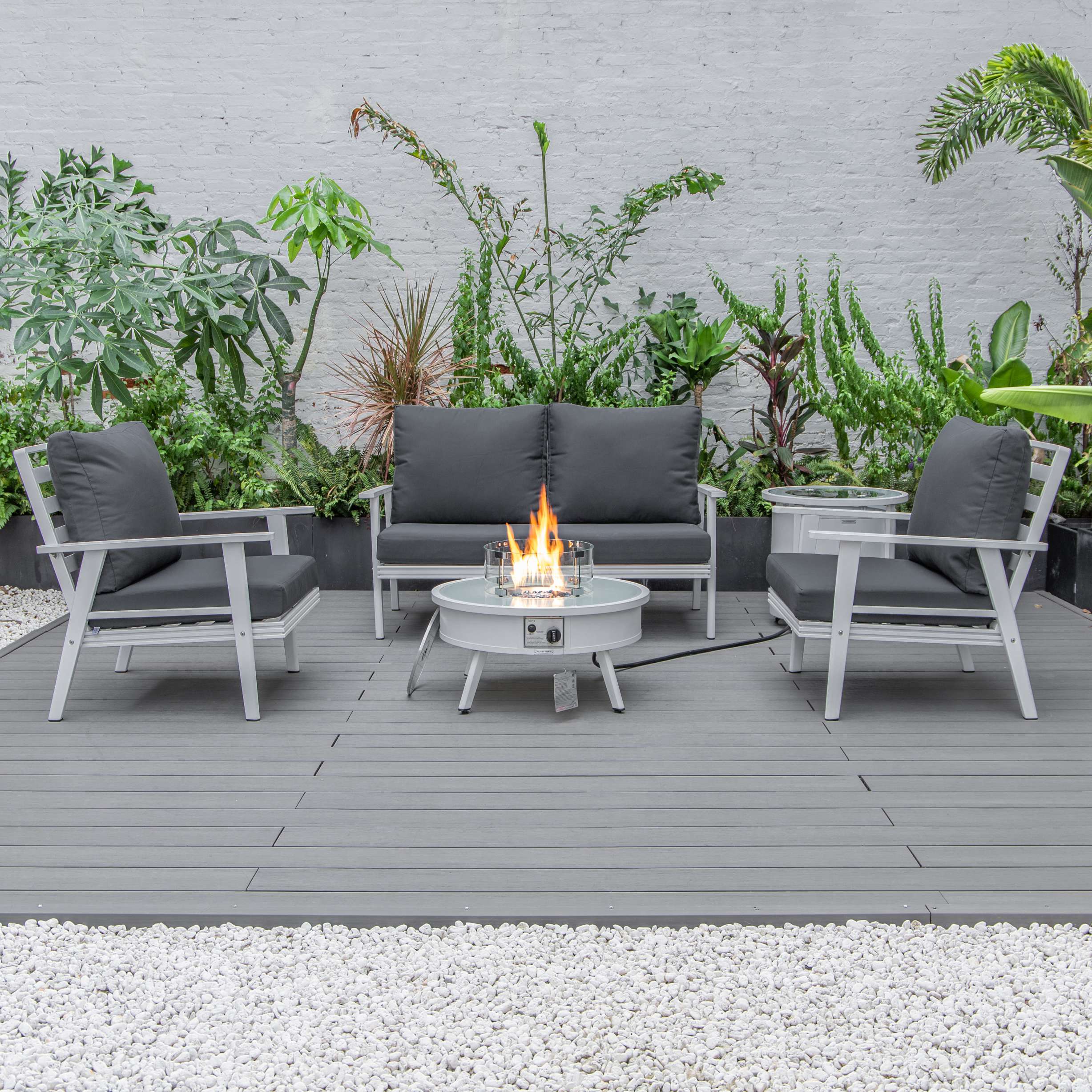 LeisureMod Walbrooke Modern White Patio Conversation With Round Fire Pit & Tank Holder - Image 71