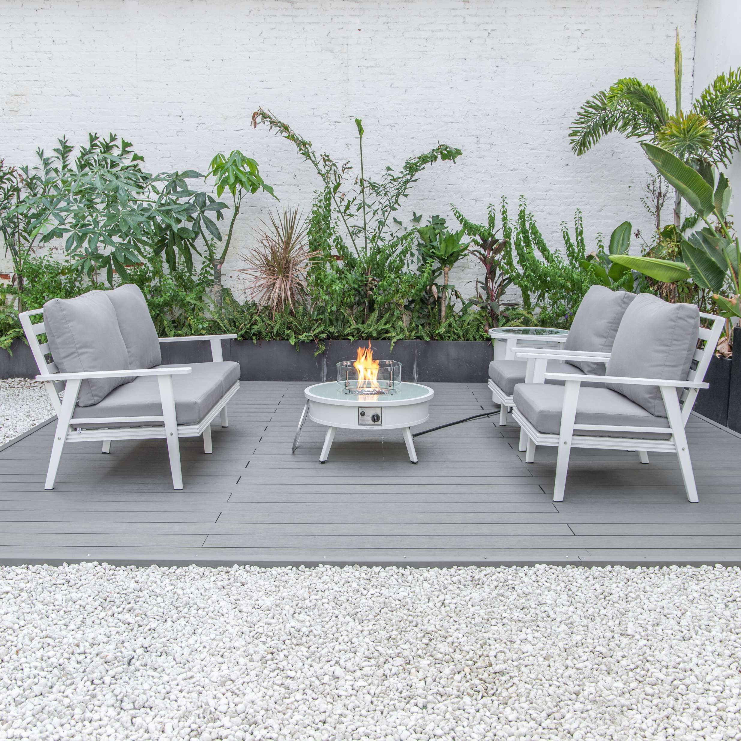 LeisureMod Walbrooke Modern White Patio Conversation With Round Fire Pit & Tank Holder - Image 72