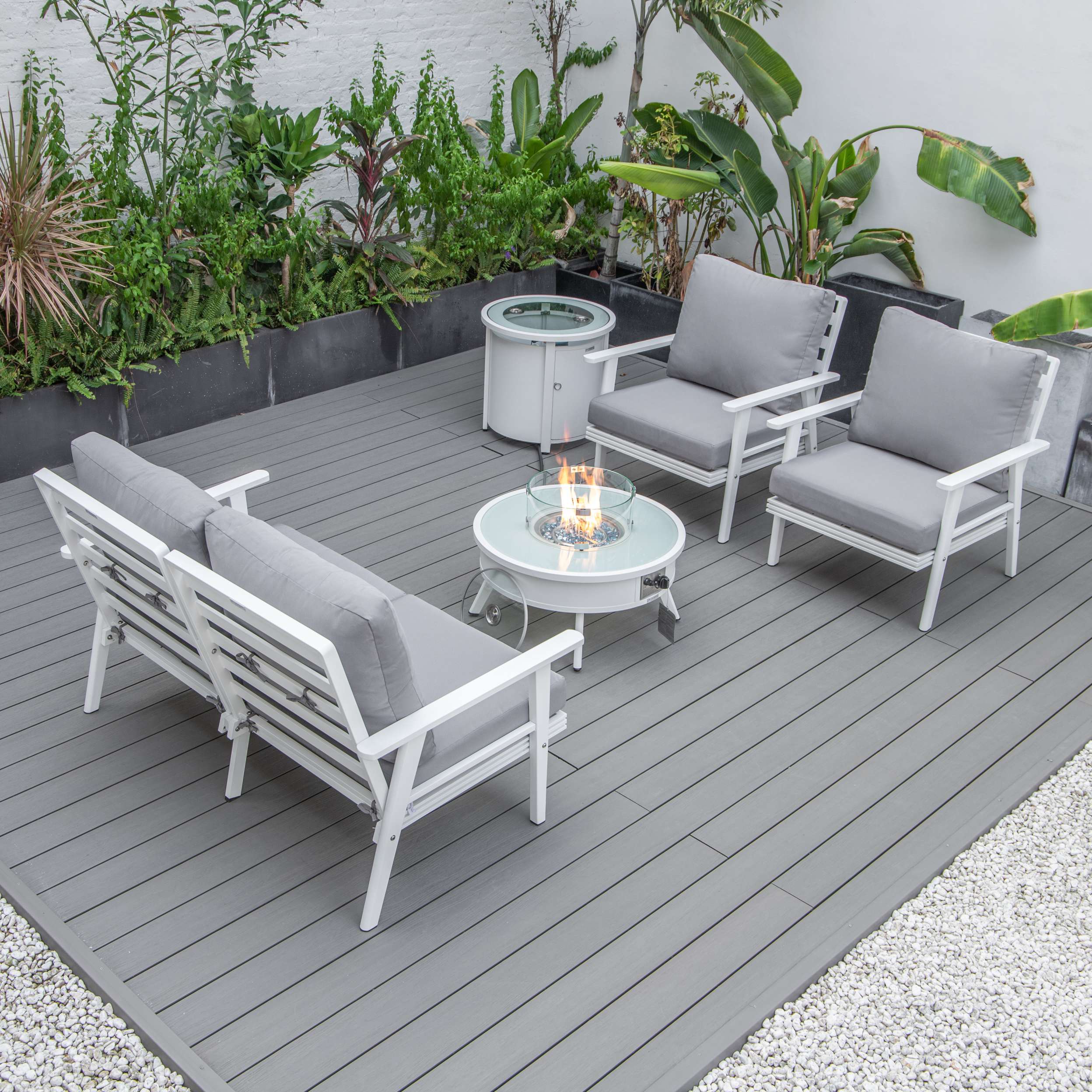 LeisureMod Walbrooke Modern White Patio Conversation With Round Fire Pit & Tank Holder - Image 73