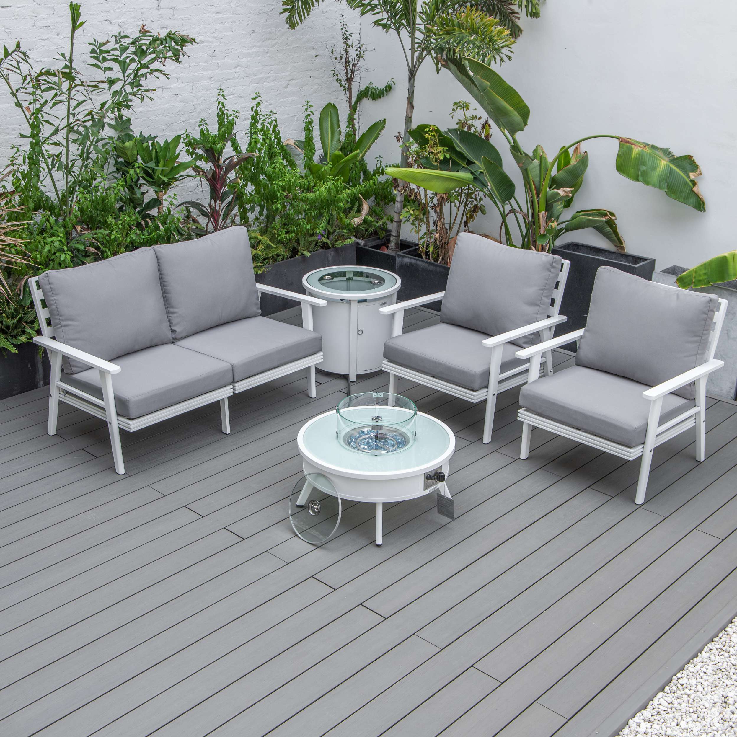 LeisureMod Walbrooke Modern White Patio Conversation With Round Fire Pit & Tank Holder - Image 75