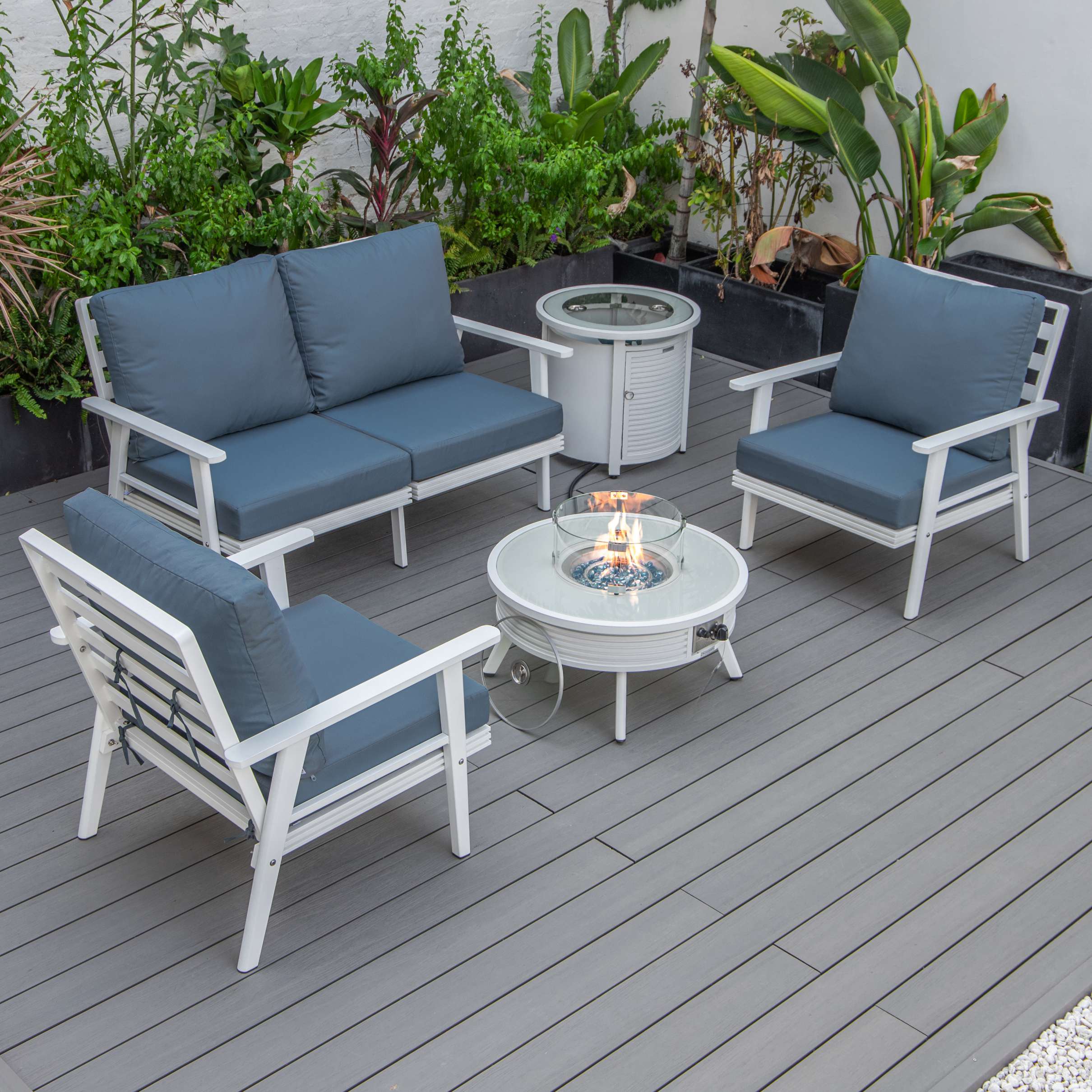 LeisureMod Walbrooke Modern White Patio Conversation With Round Fire Pit & Tank Holder - Image 76