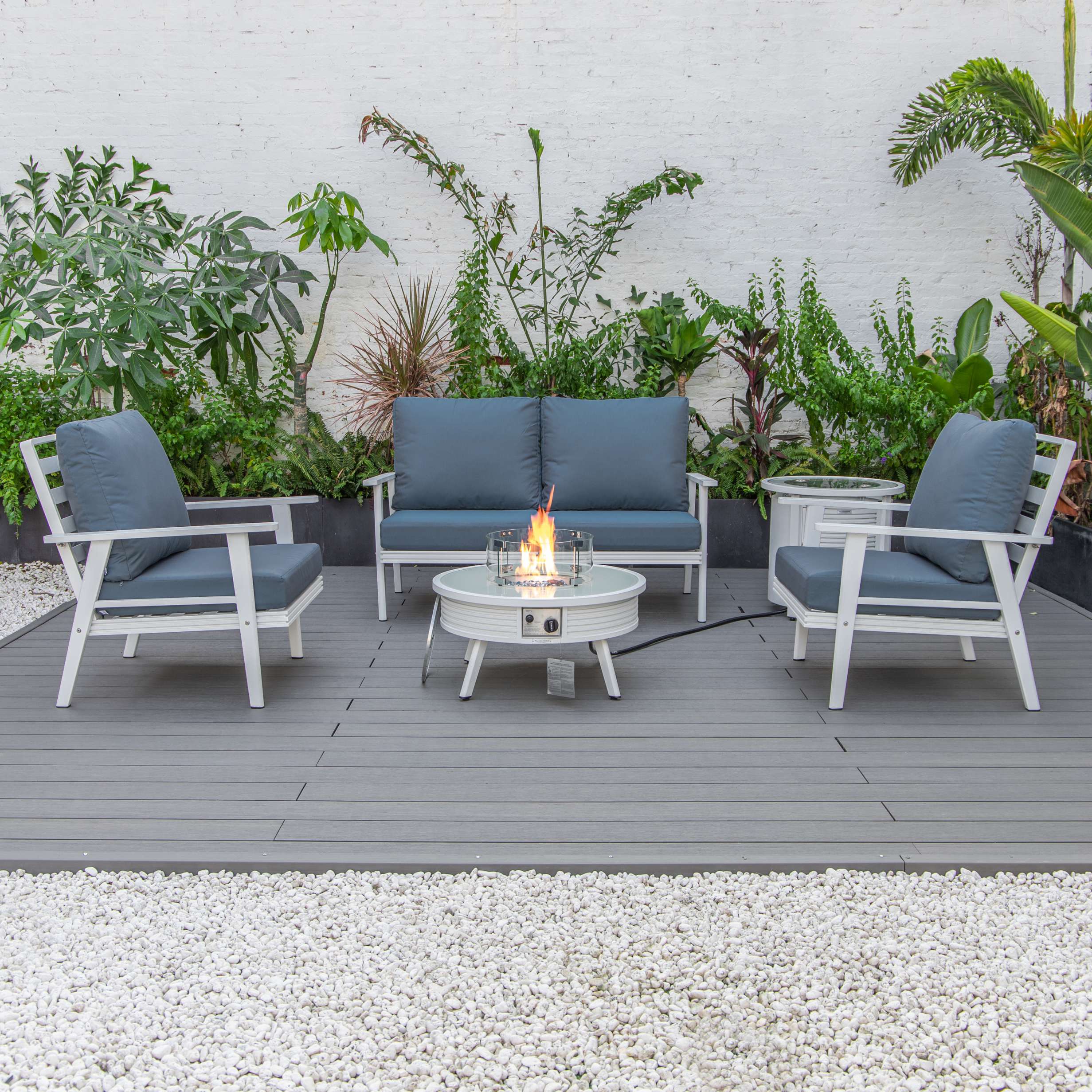 LeisureMod Walbrooke Modern White Patio Conversation With Round Fire Pit & Tank Holder - Image 77