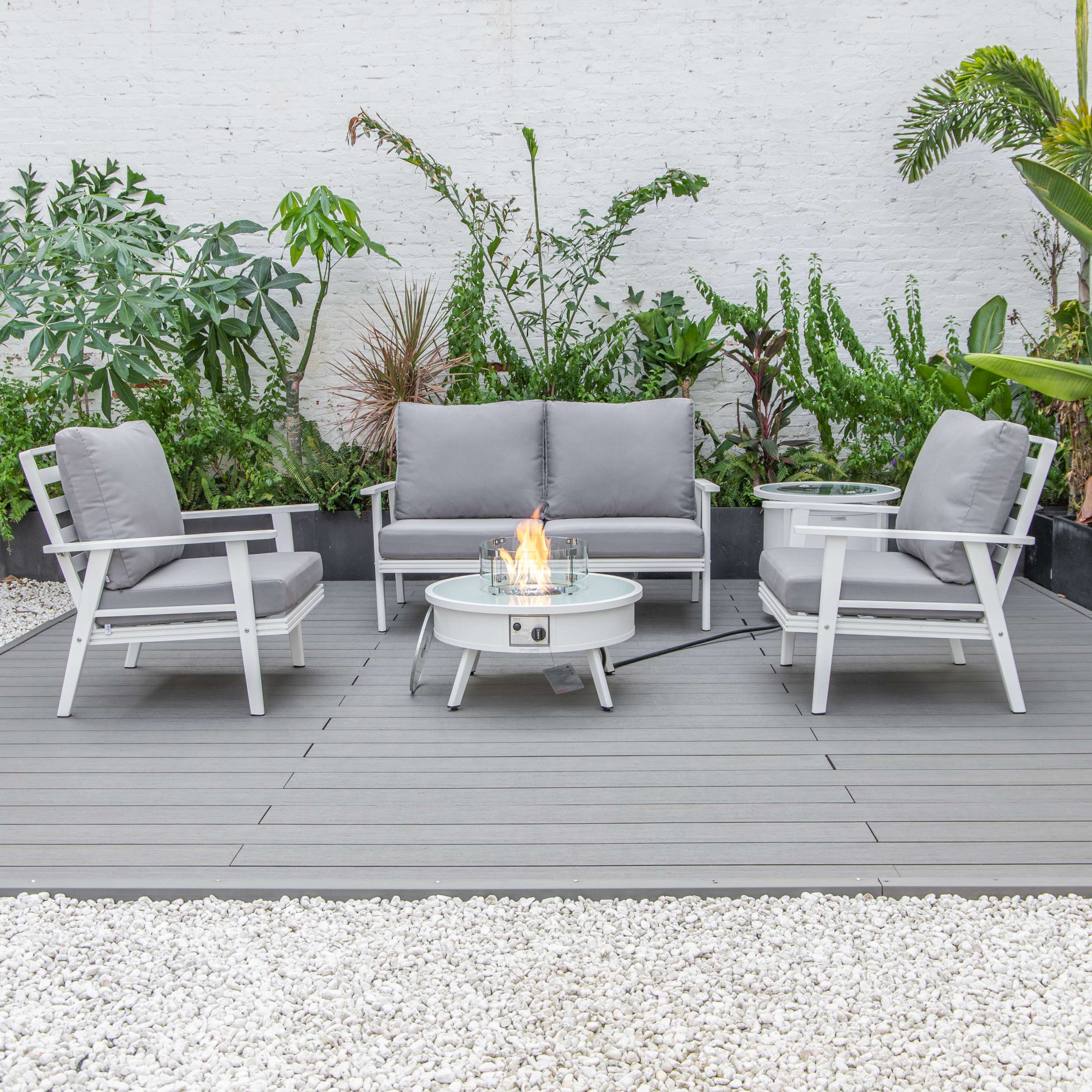 LeisureMod Walbrooke Modern White Patio Conversation With Round Fire Pit & Tank Holder - Image 78