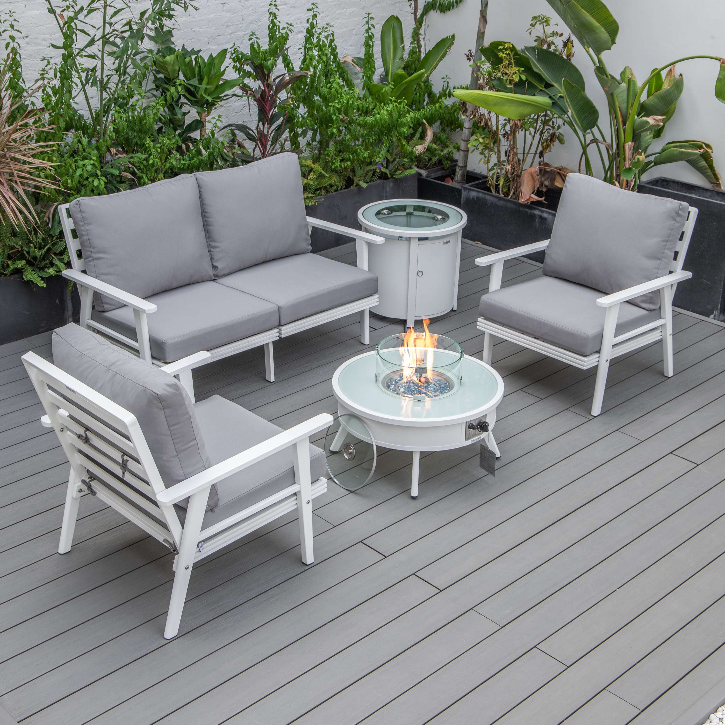 LeisureMod Walbrooke Modern White Patio Conversation With Round Fire Pit & Tank Holder - Image 79