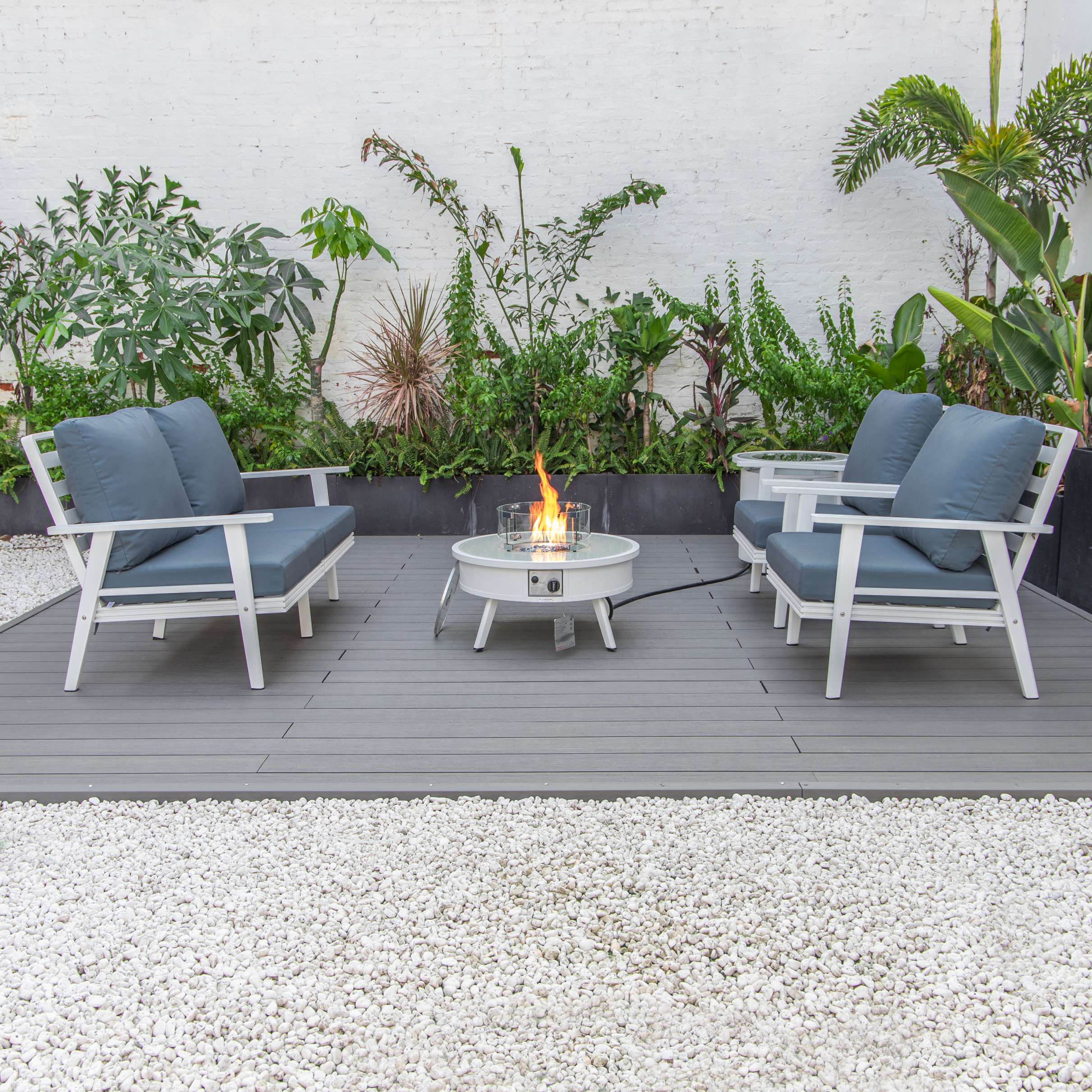 LeisureMod Walbrooke Modern White Patio Conversation With Round Fire Pit & Tank Holder - Image 80