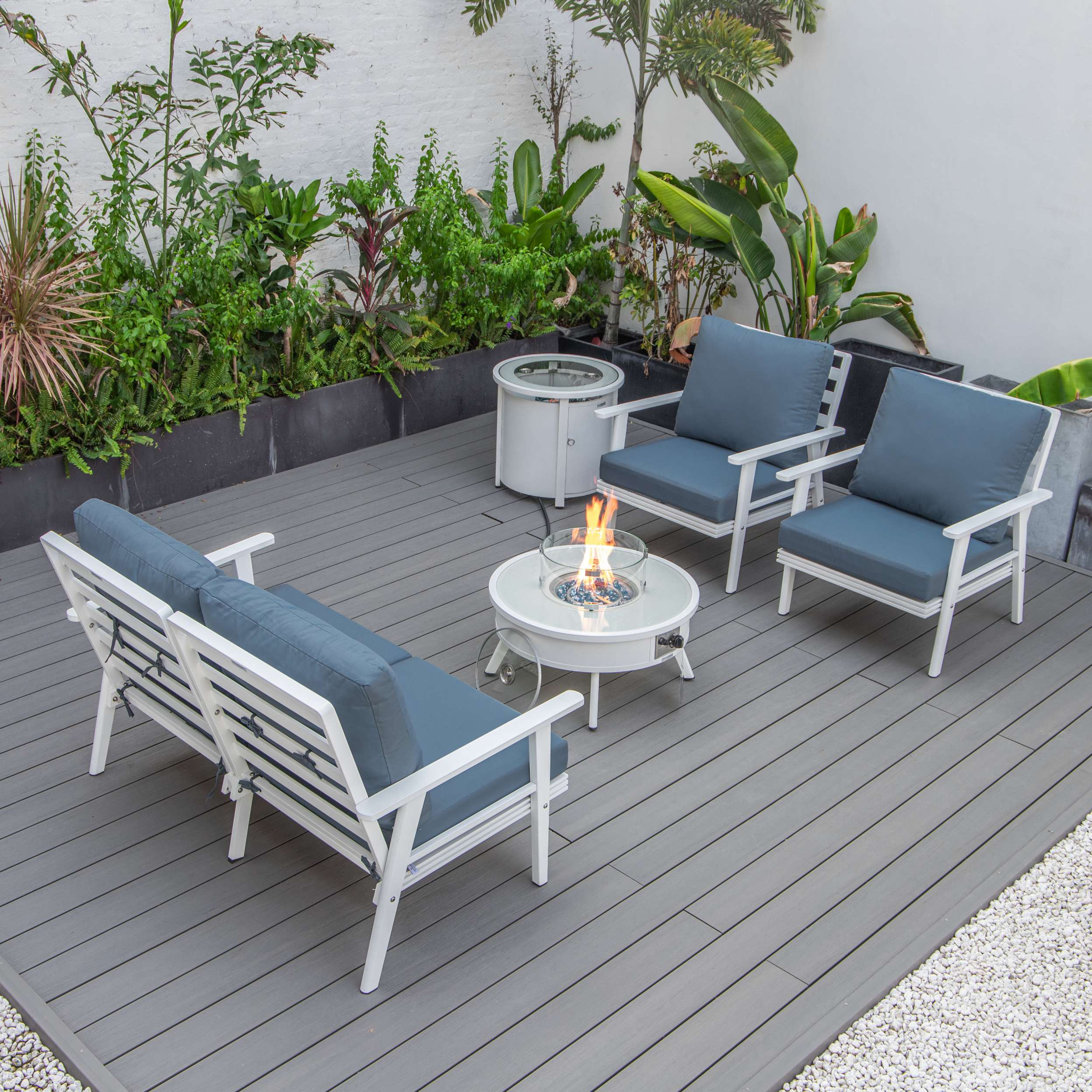 LeisureMod Walbrooke Modern White Patio Conversation With Round Fire Pit & Tank Holder - Image 81