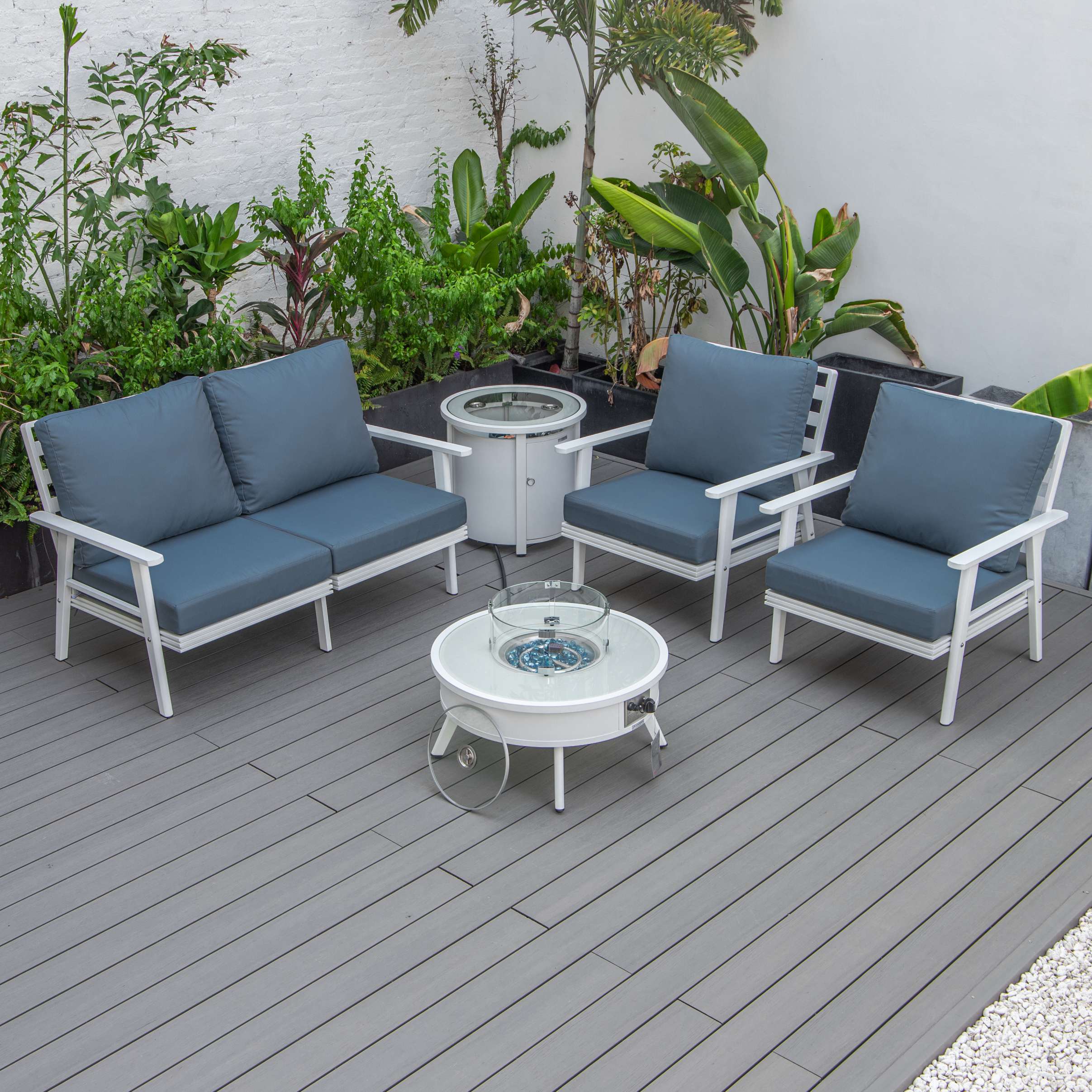 LeisureMod Walbrooke Modern White Patio Conversation With Round Fire Pit & Tank Holder - Image 82