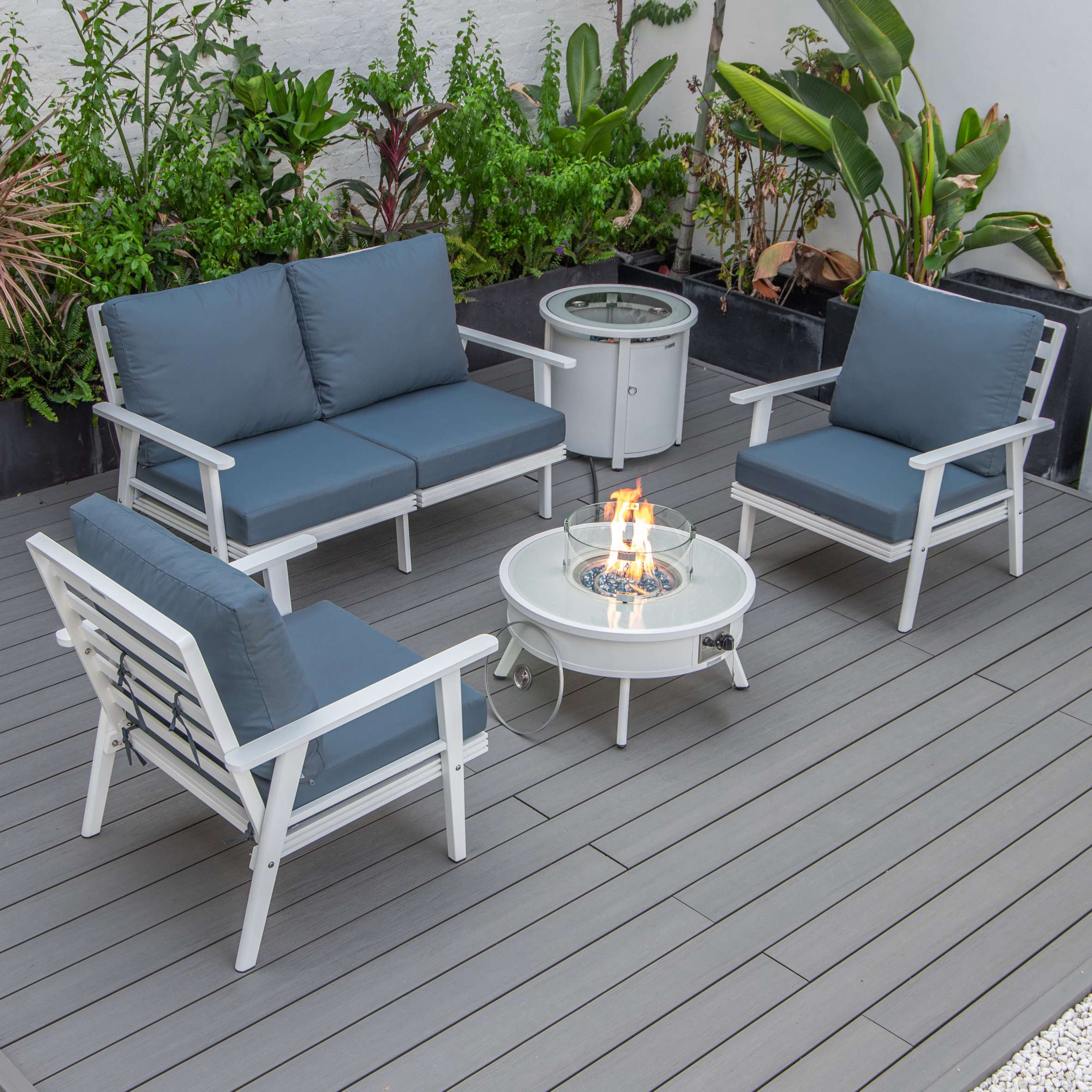 LeisureMod Walbrooke Modern White Patio Conversation With Round Fire Pit & Tank Holder - Image 83
