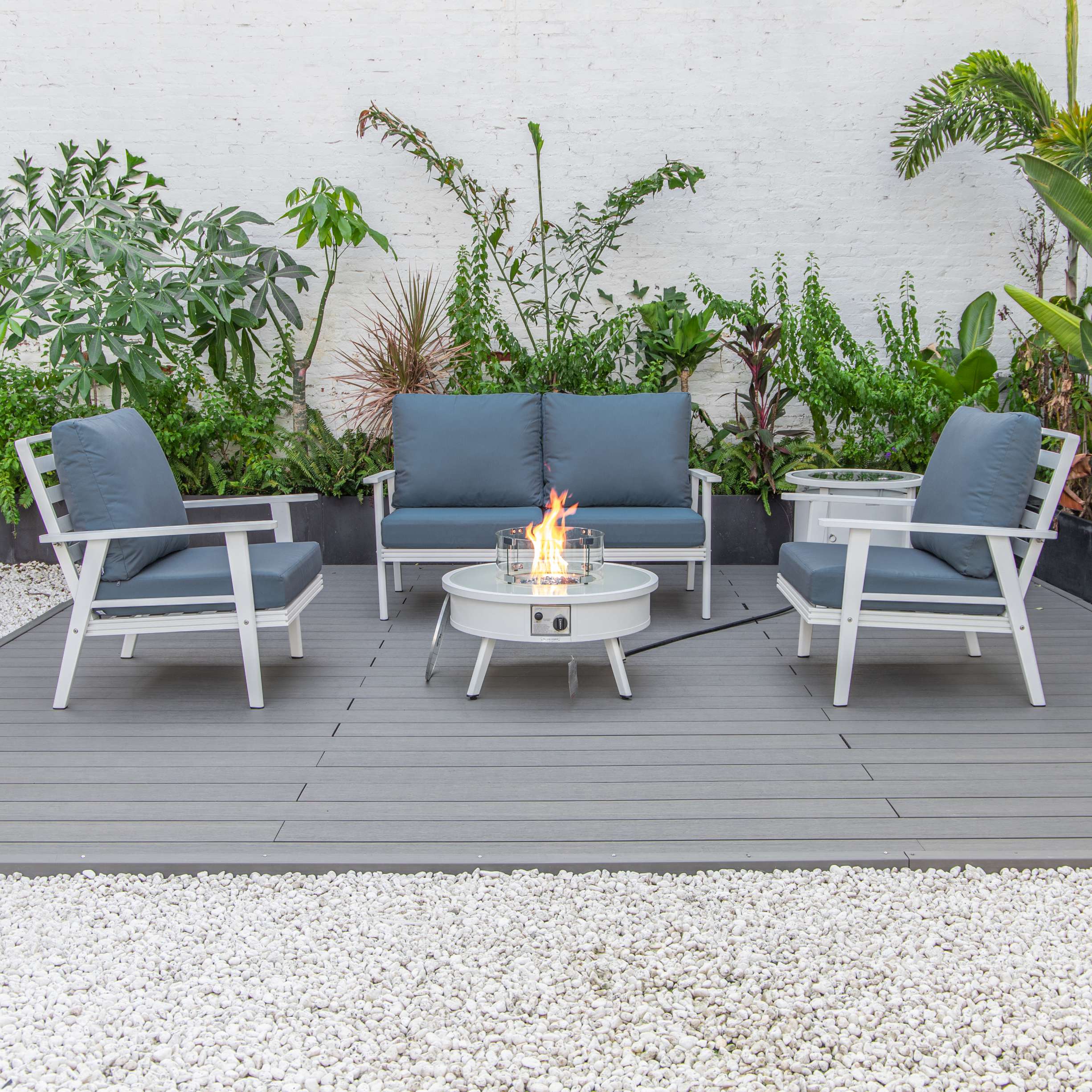 LeisureMod Walbrooke Modern White Patio Conversation With Round Fire Pit & Tank Holder - Image 84