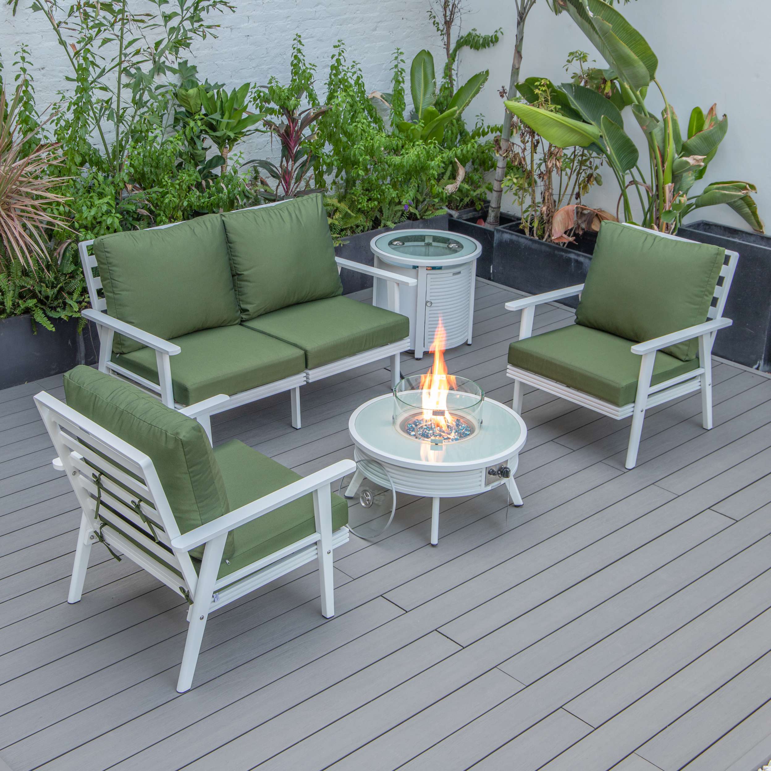 LeisureMod Walbrooke Modern White Patio Conversation With Round Fire Pit & Tank Holder - Image 88