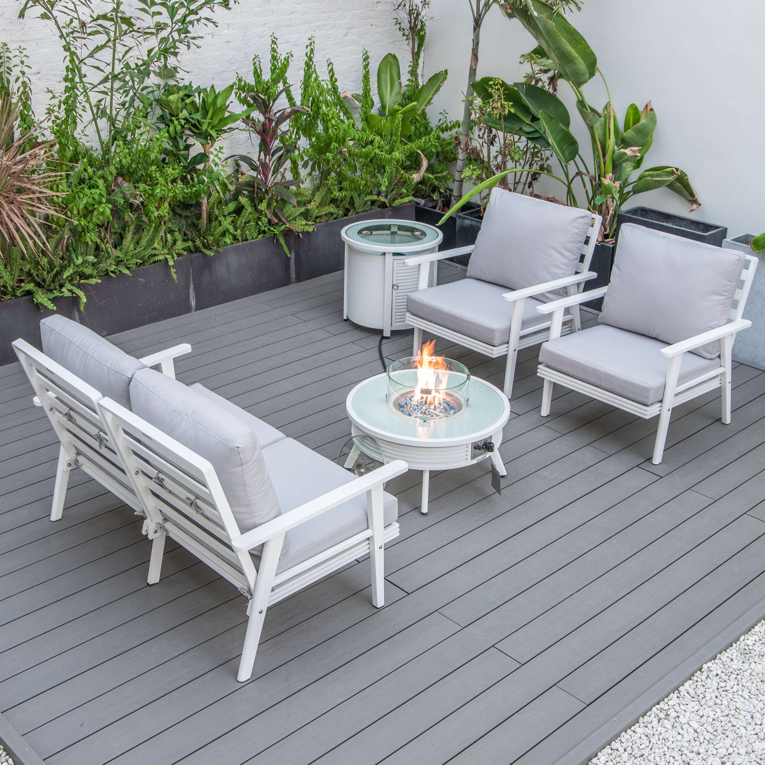 LeisureMod Walbrooke Modern White Patio Conversation With Round Fire Pit & Tank Holder - Image 91