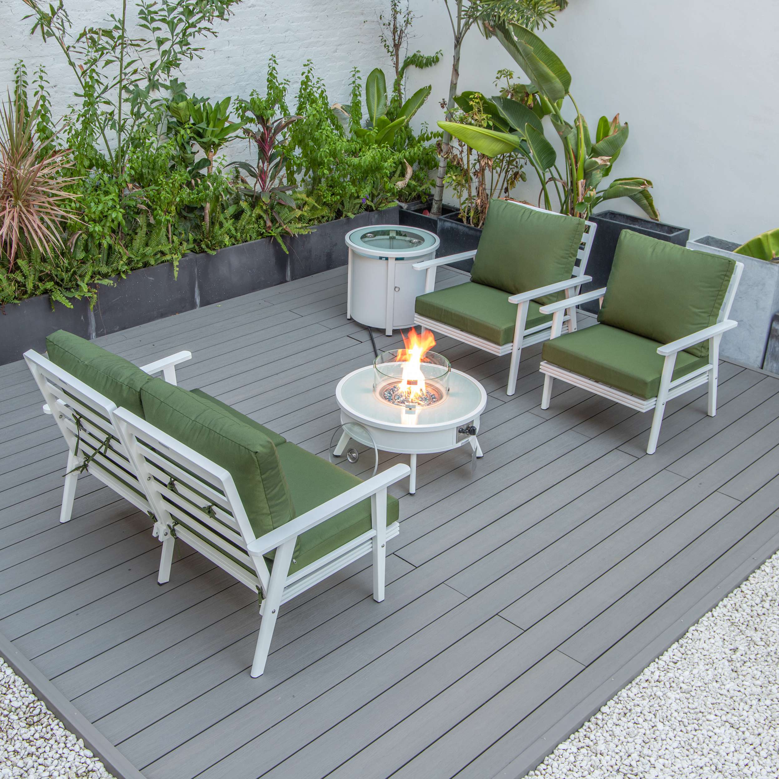 LeisureMod Walbrooke Modern White Patio Conversation With Round Fire Pit & Tank Holder - Image 92