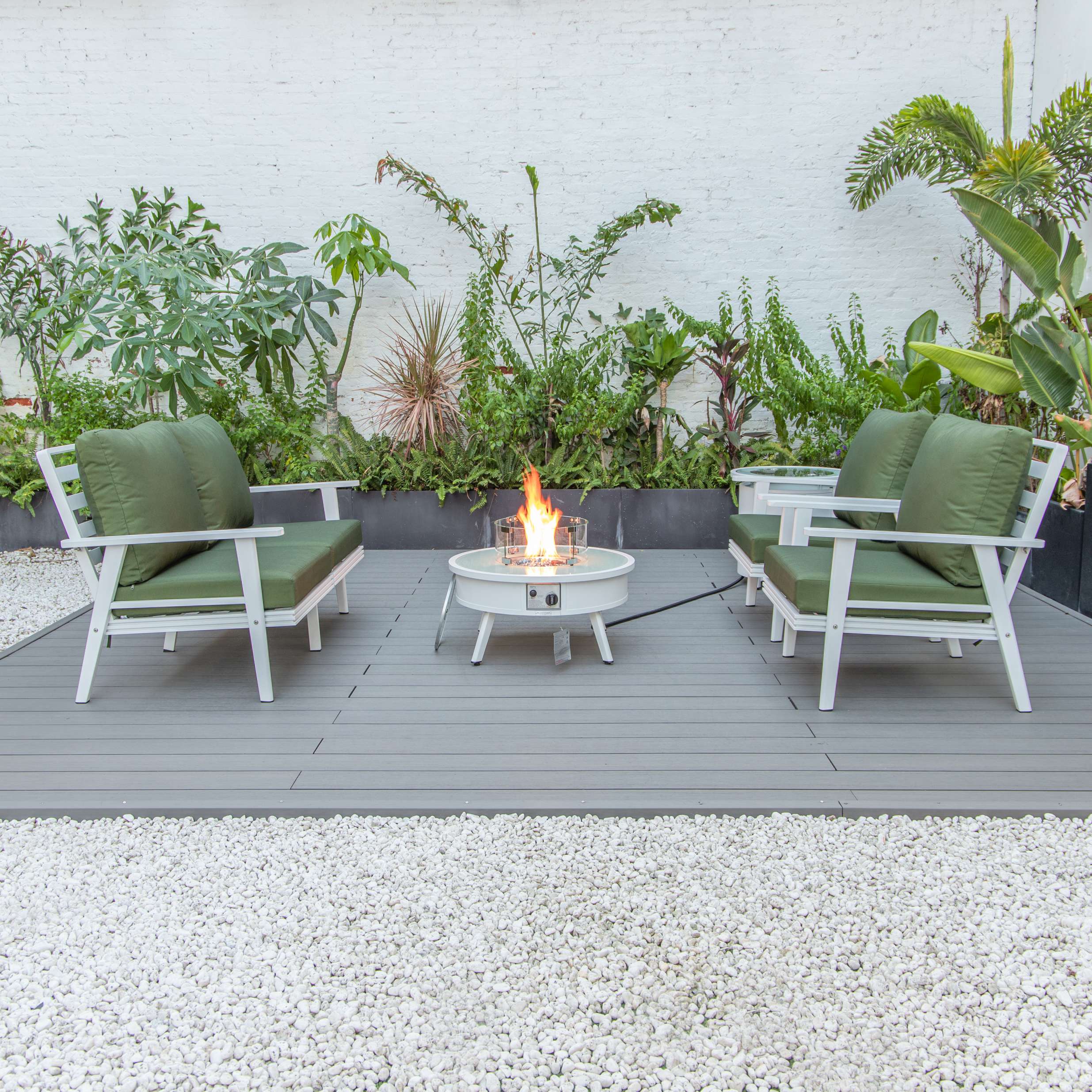 LeisureMod Walbrooke Modern White Patio Conversation With Round Fire Pit & Tank Holder - Image 93