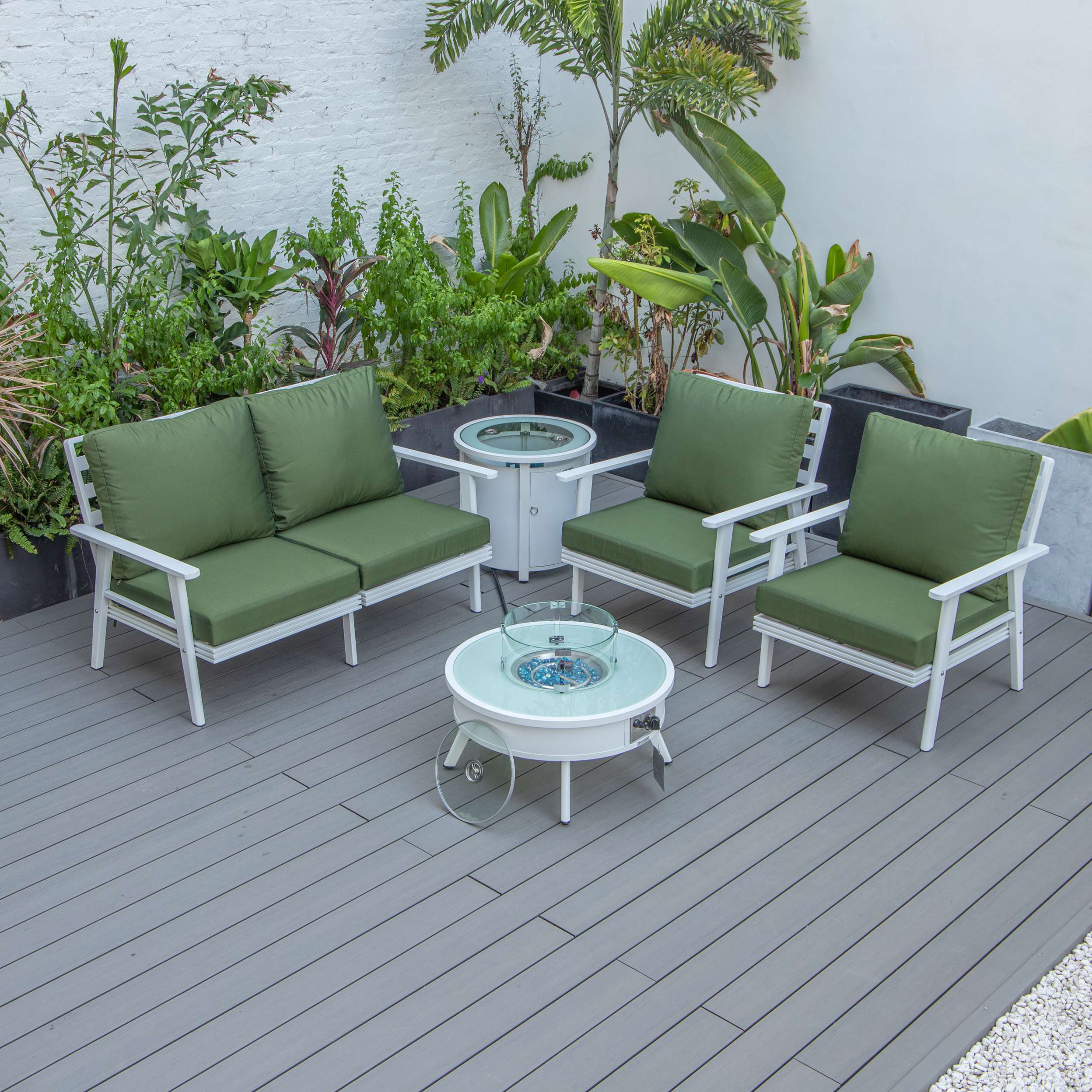 LeisureMod Walbrooke Modern White Patio Conversation With Round Fire Pit & Tank Holder - Image 95